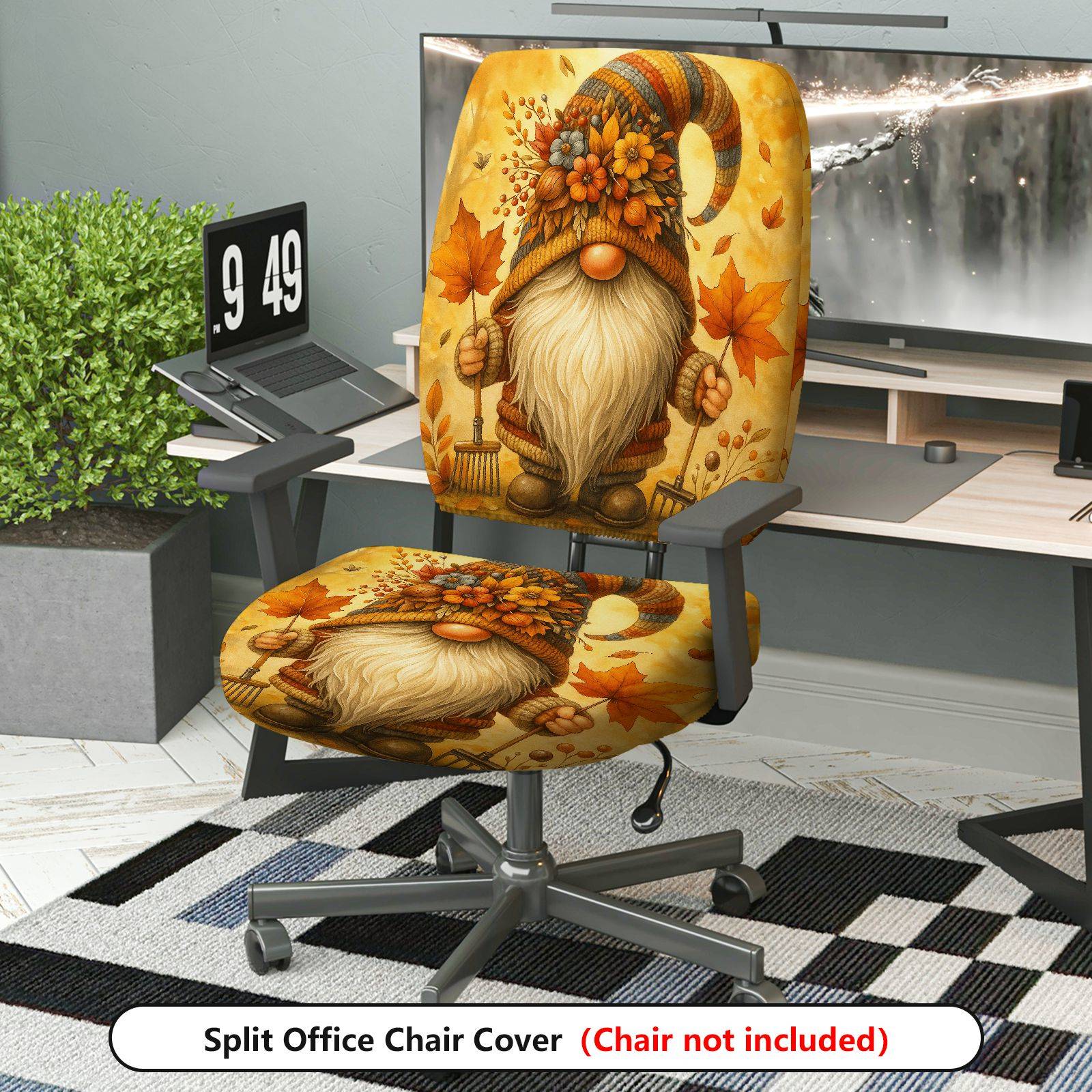 2-Piece Autumn Gnome Floral Leaves Festive Halloween  Computer Chair Cover Set, Seat and Backrest