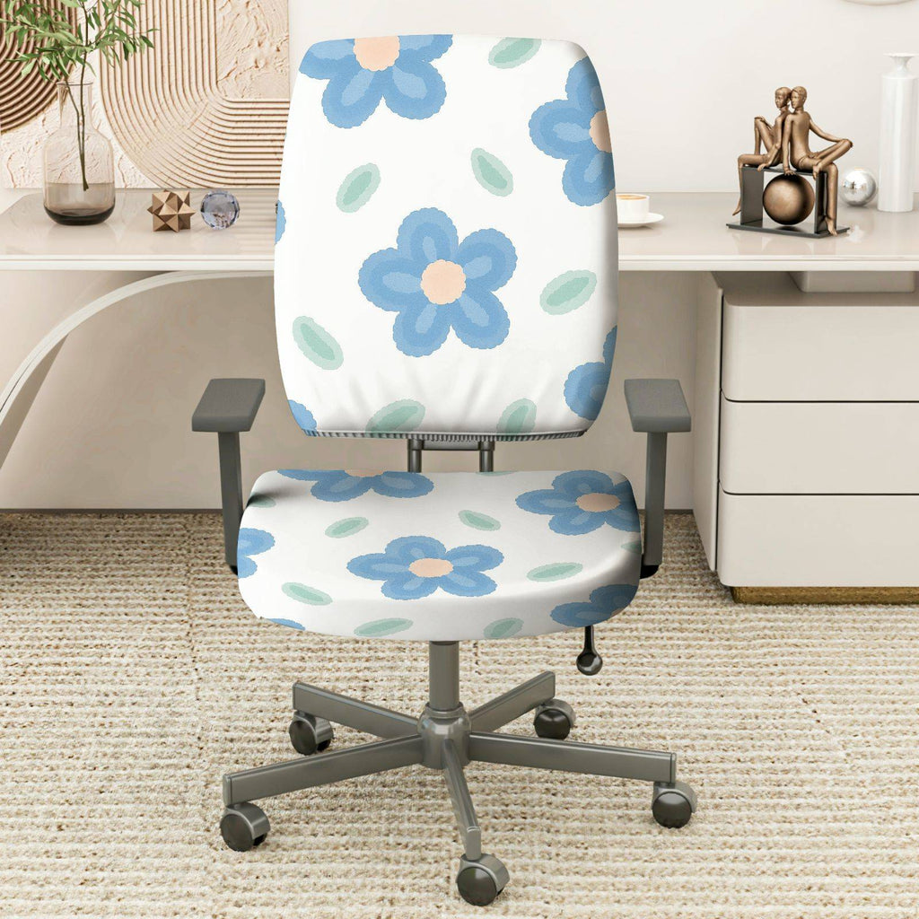 2-Piece Floral Pattern Cute Stylish Blue Leaf  Computer Chair Cover Set, Seat and Backrest