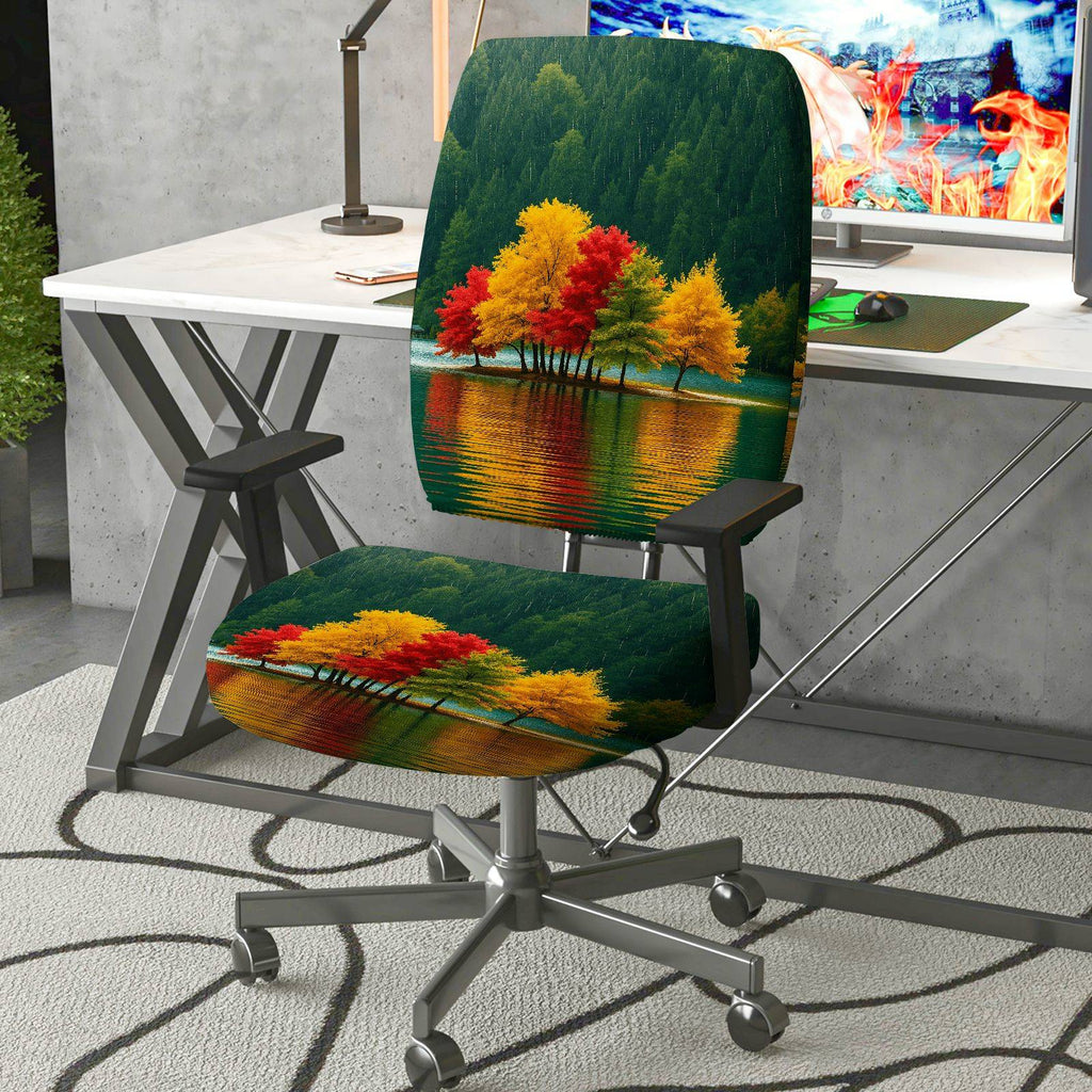 2-Piece Autumn Nature Landscape Forest Lake Home  Computer Chair Cover Set, Seat and Backrest