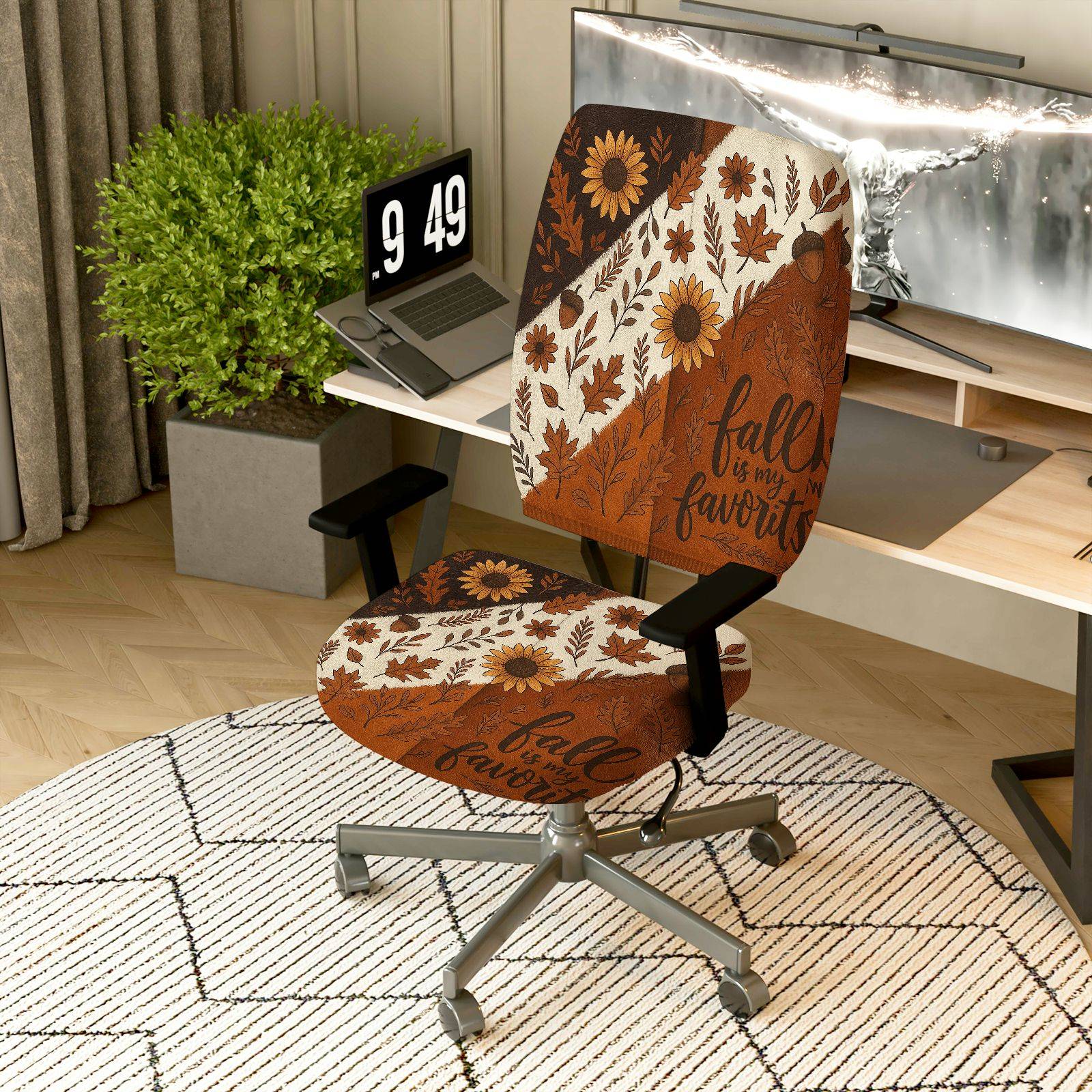 2-Piece Autumn Floral Leaf Text Fall  Computer Chair Cover Set, Seat and Backrest