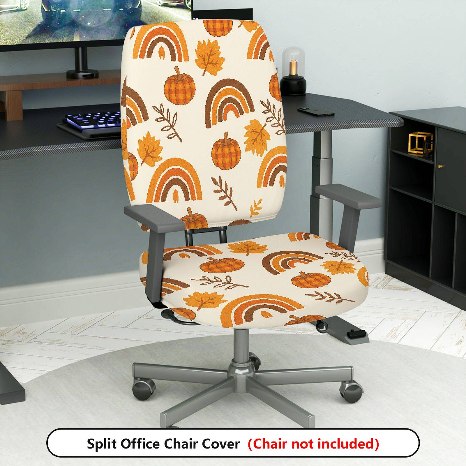 2-Piece Autumn Pumpkin Leaves Rainbow Rustic Festival  Computer Chair Cover Set, Seat and Backrest