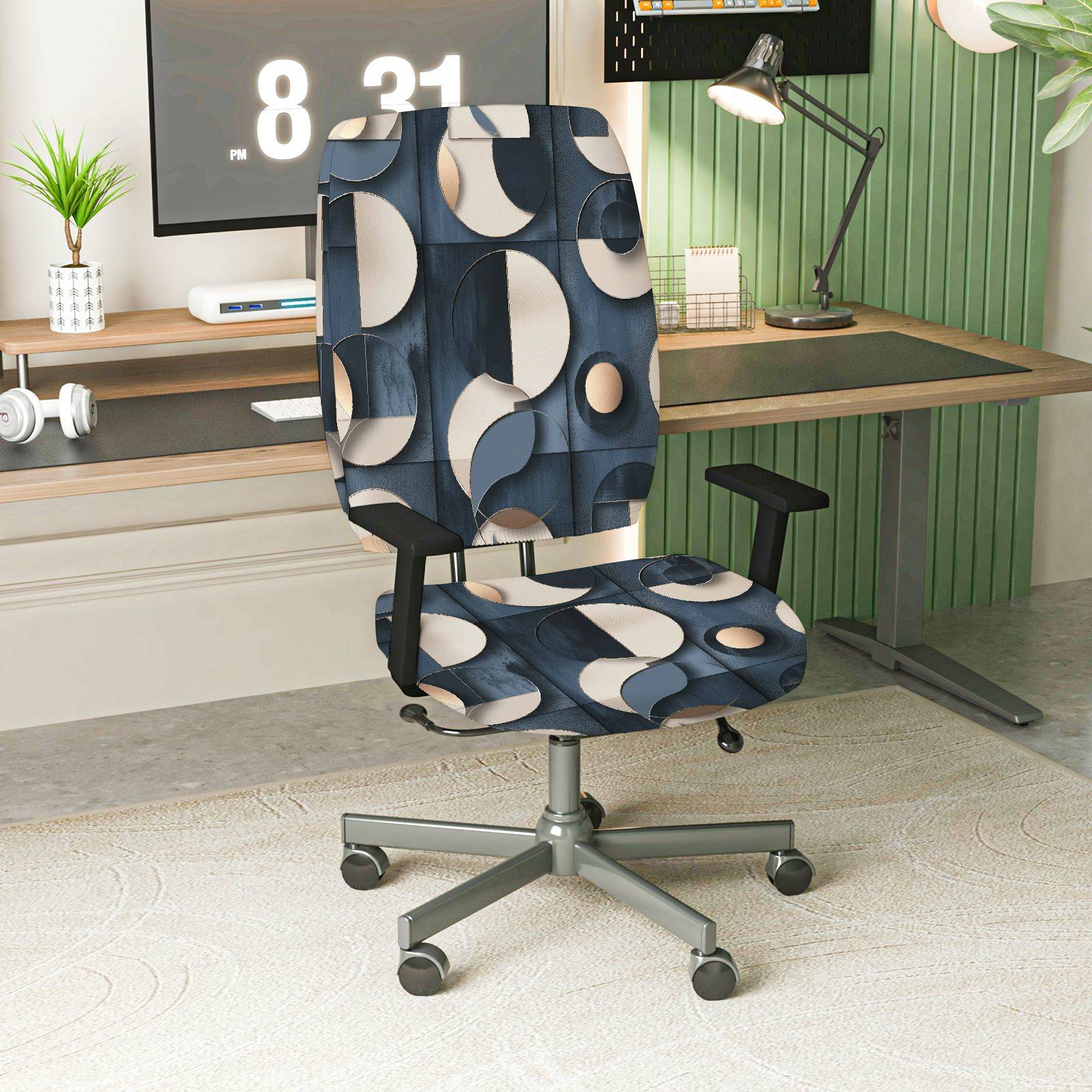 2-Piece Abstract Geometric Circular Pattern  Computer Chair Cover Set, Seat and Backrest