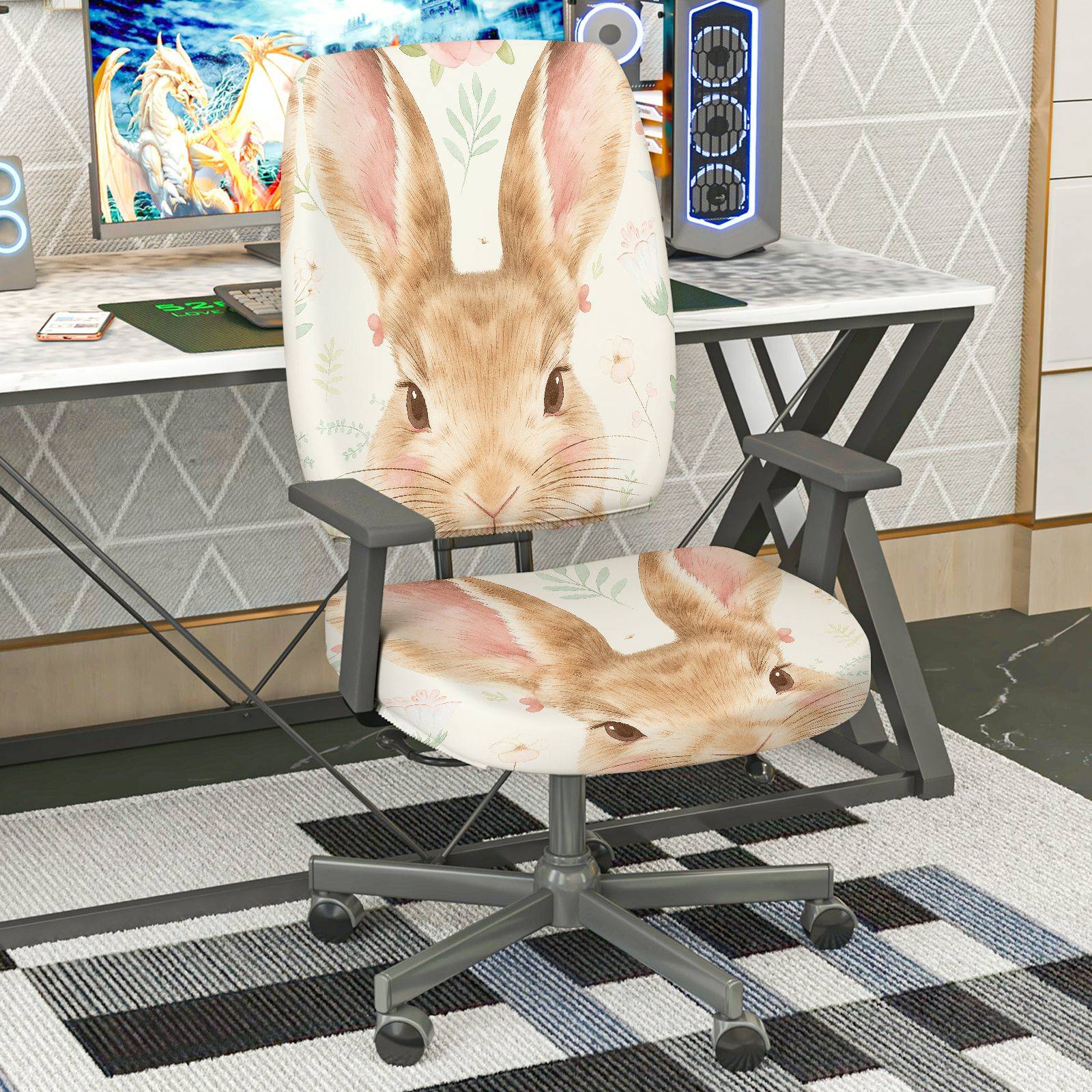 2-Piece Bunny Pastoral Animal Floral Cute Easter  Computer Chair Cover Set, Seat and Backrest
