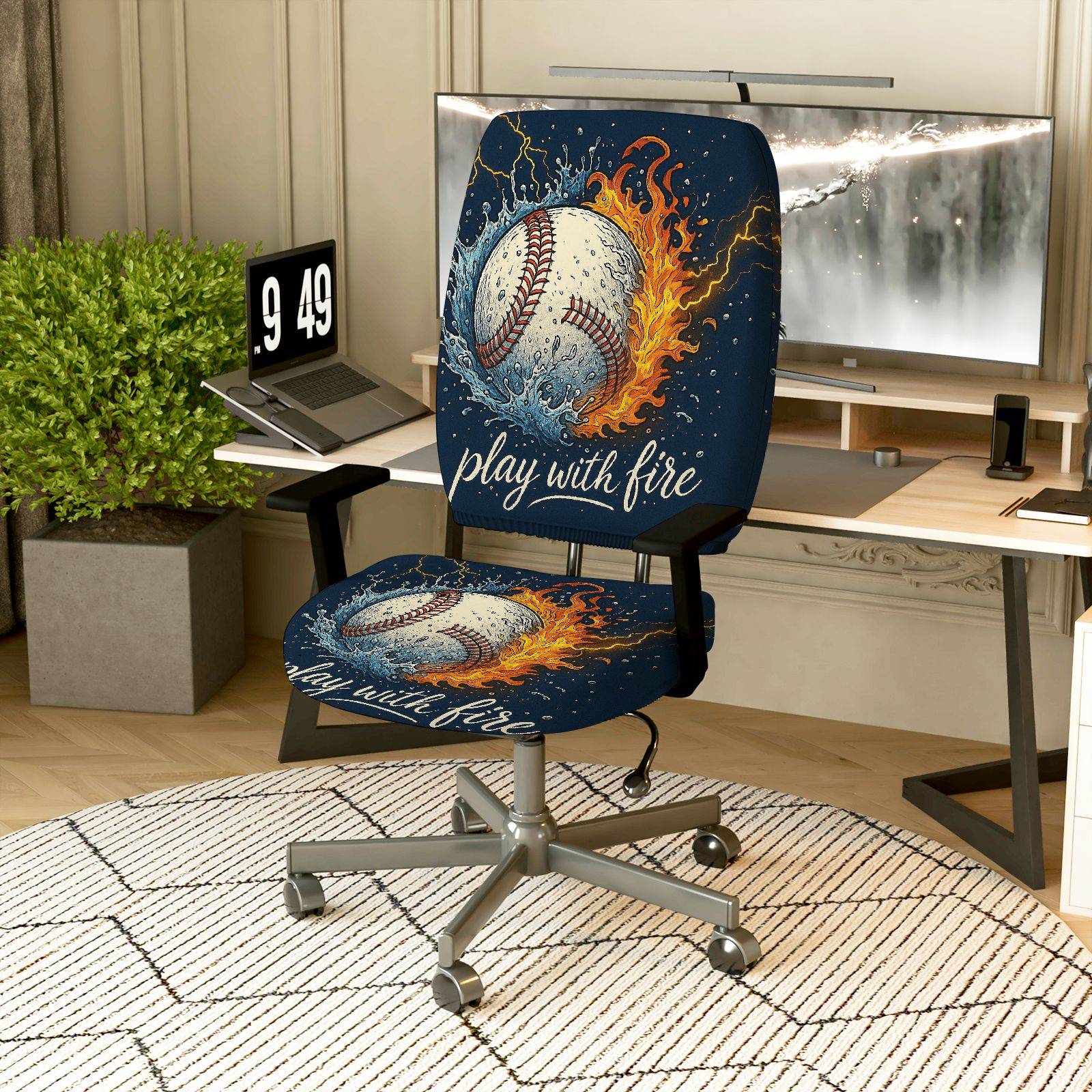 2-Piece Baseball Fire Water Play with Fire Inspirational  Computer Chair Cover Set, Seat and Backrest