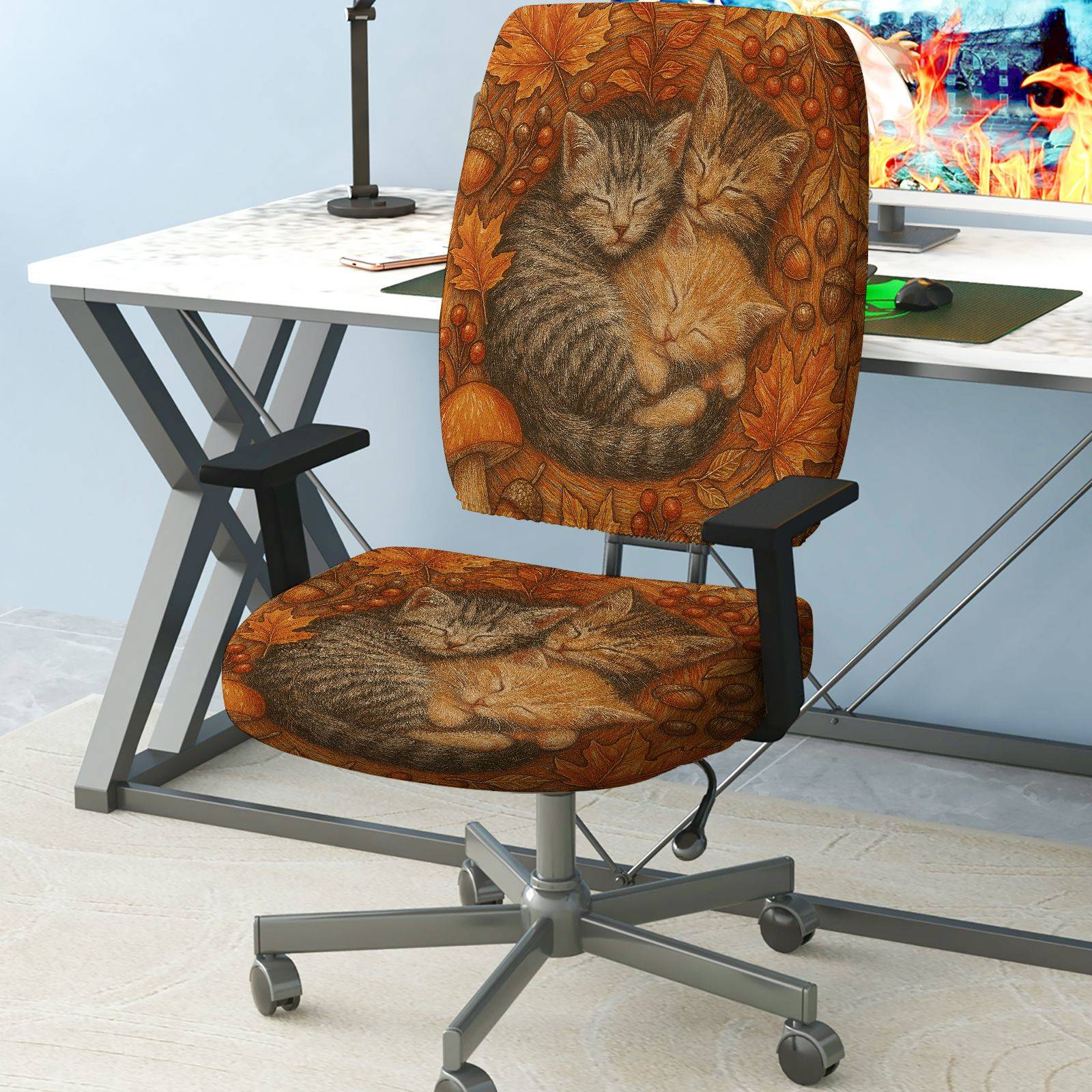 2-Piece Autumn Cats Leaves Pumpkins Acorns  Computer Chair Cover Set, Seat and Backrest
