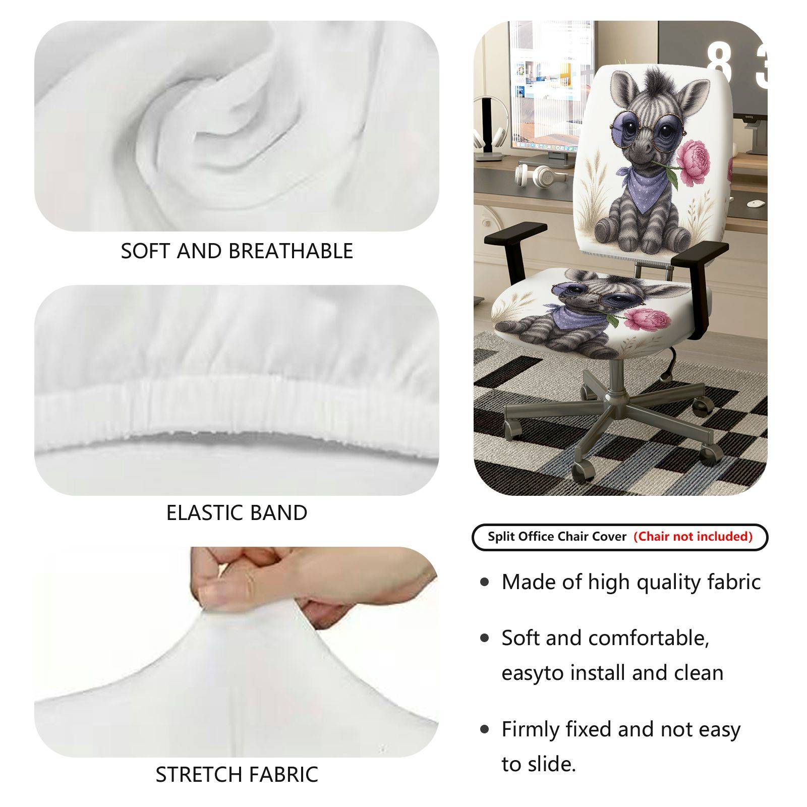 2-Piece Cute Animal Floral Pattern  Computer Chair Cover Set, Seat and Backrest