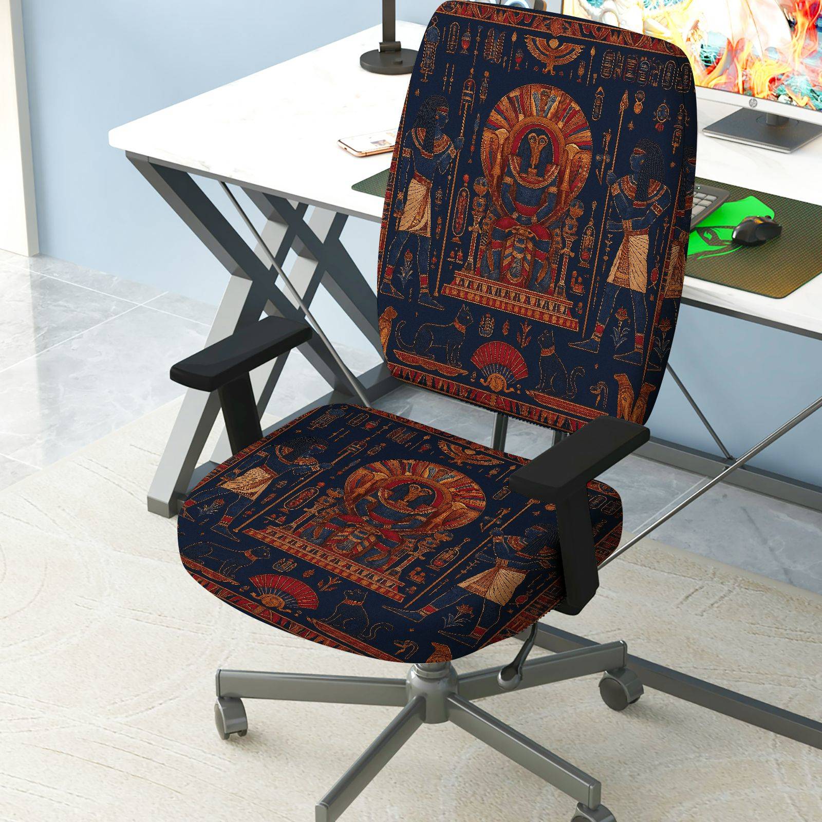 2-Piece Ancient Egyptian Pharaoh Hieroglyphs Decorative Art  Computer Chair Cover Set, Seat and Backrest