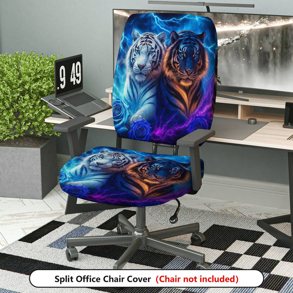 2-Piece Animal Print Tiger Modern Art Lightning Blue Glow  Computer Chair Cover Set, Seat and Backrest
