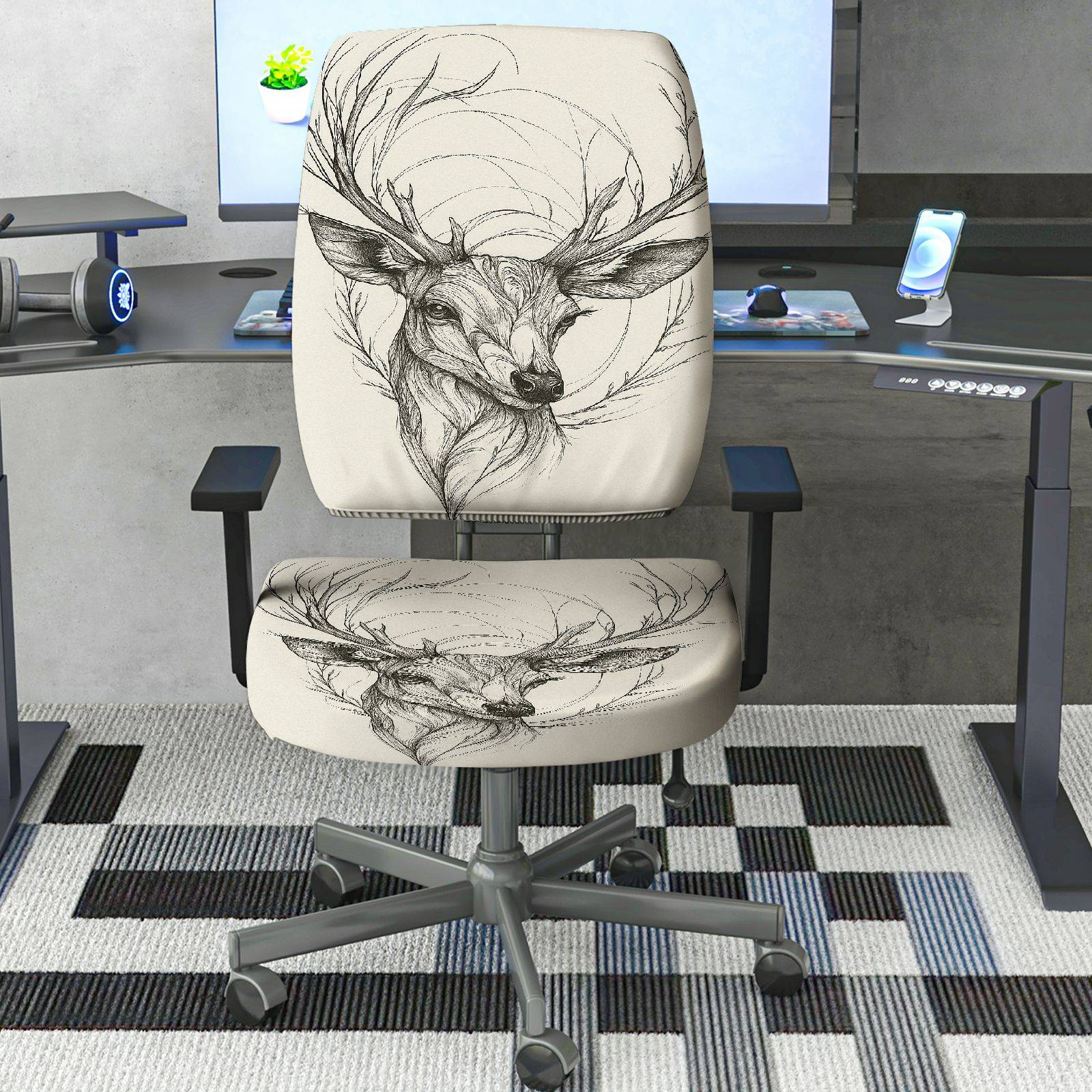 2-Piece Animal Deer Sketch Art Unique Printed  Computer Chair Cover Set, Seat and Backrest