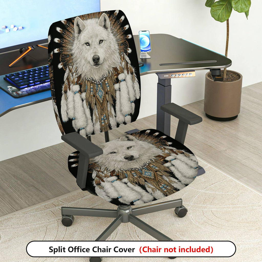 2-Piece Animal Native Feathers Tribal Wolf  Computer Chair Cover Set, Seat and Backrest
