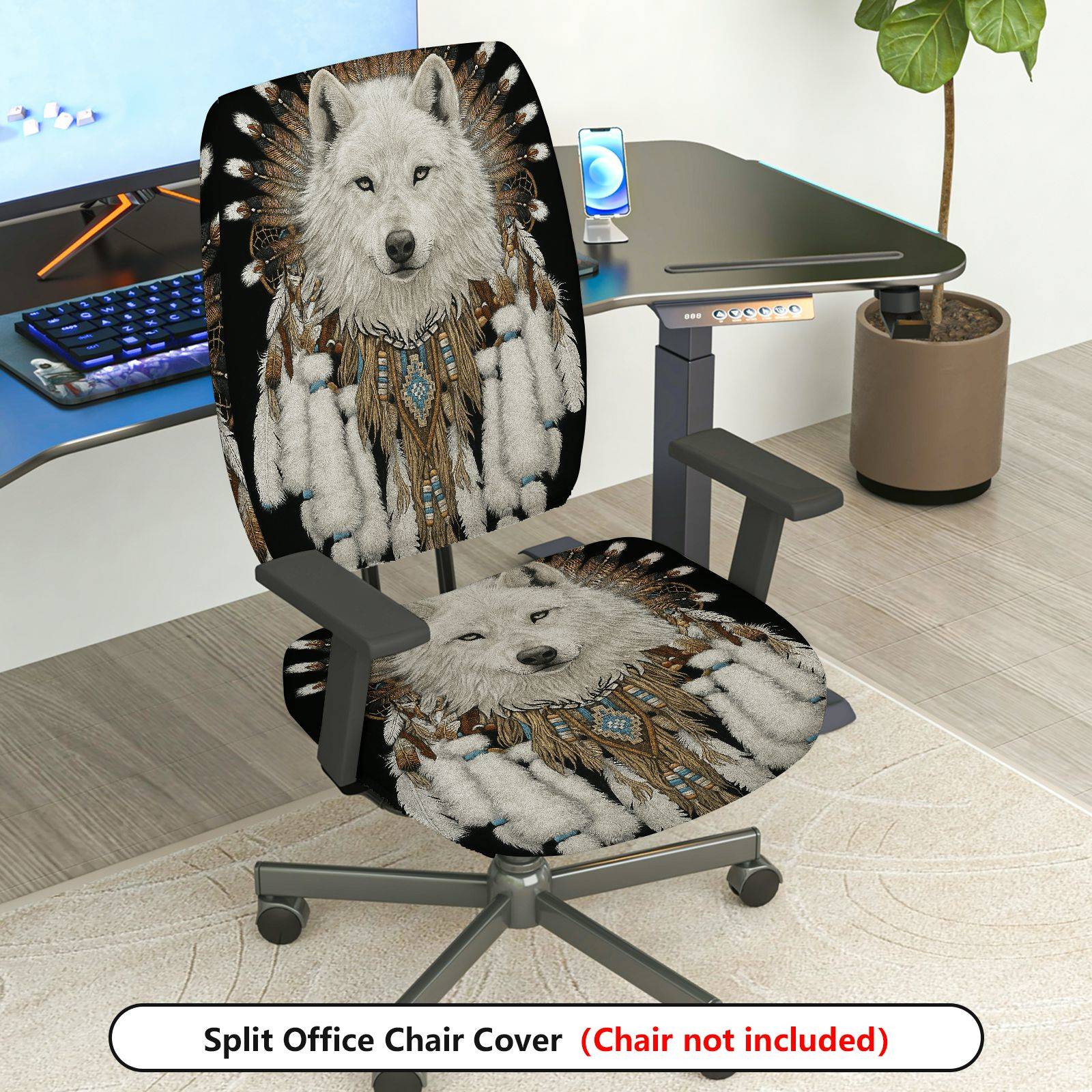 2-Piece Animal Native Feathers Tribal Wolf  Computer Chair Cover Set, Seat and Backrest