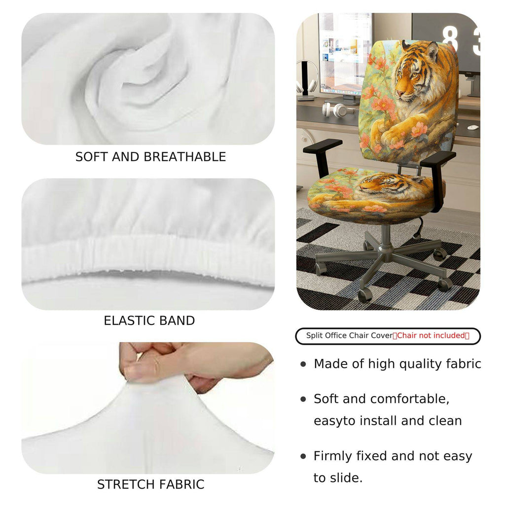 2-Piece Animal Tiger Floral Nature Art  Computer Chair Cover Set, Seat and Backrest