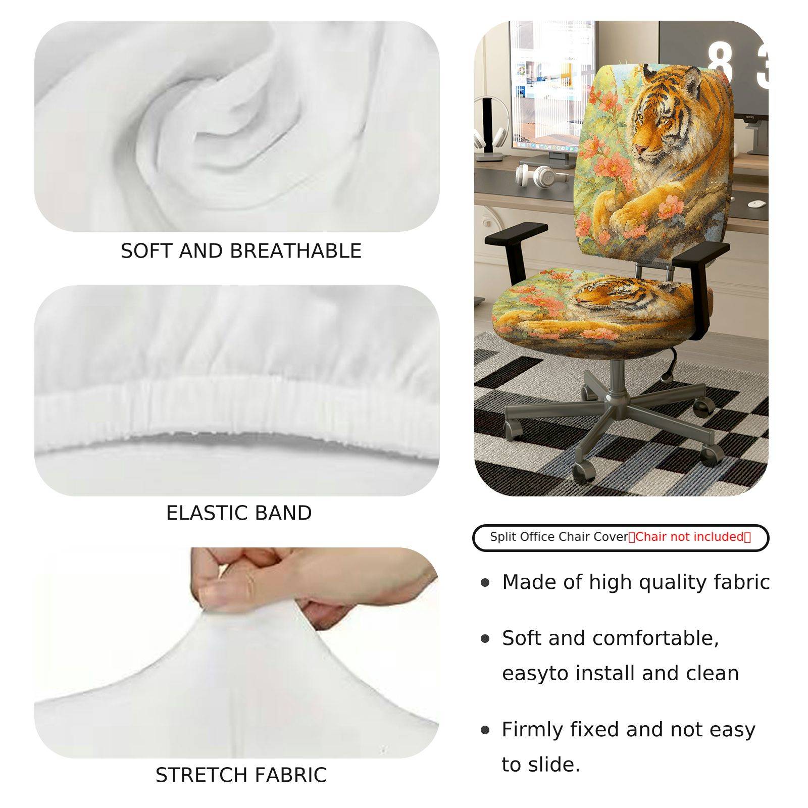 2-Piece Animal Tiger Floral Nature Art  Computer Chair Cover Set, Seat and Backrest