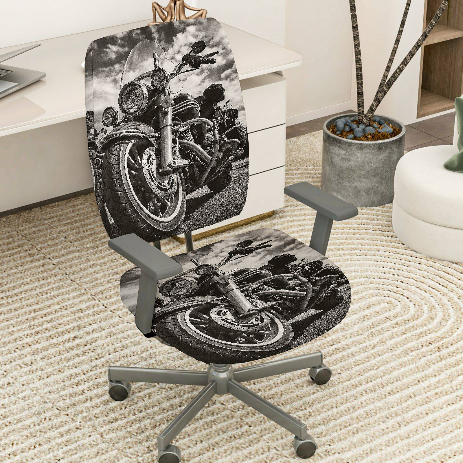 2-Piece Motorcycle Vintage Black and White Artistic Pattern  Computer Chair Cover Set, Seat and Backrest