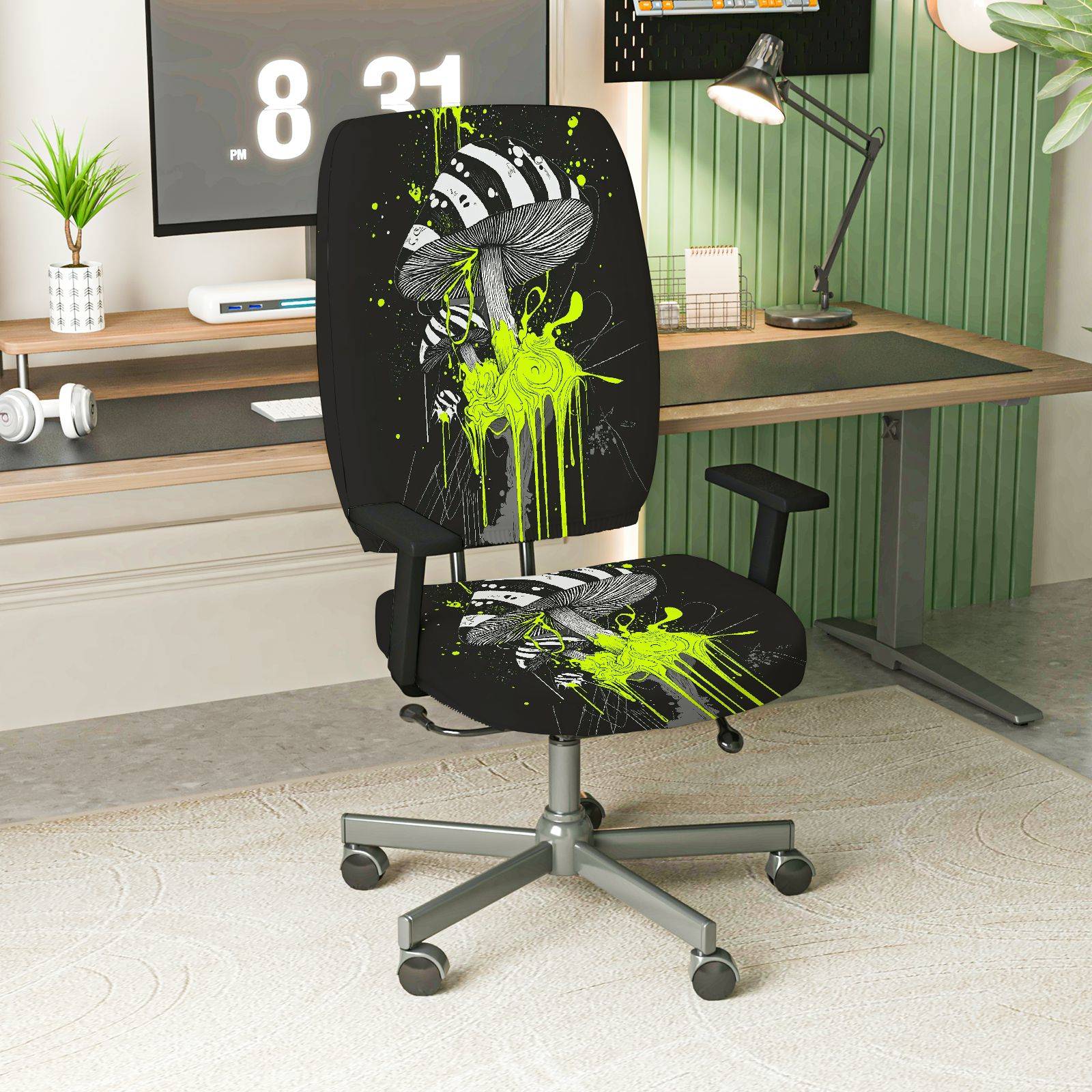 2-Piece Abstract Psychedelic Mushroom Art Green Splash Black  Computer Chair Cover Set, Seat and Backrest