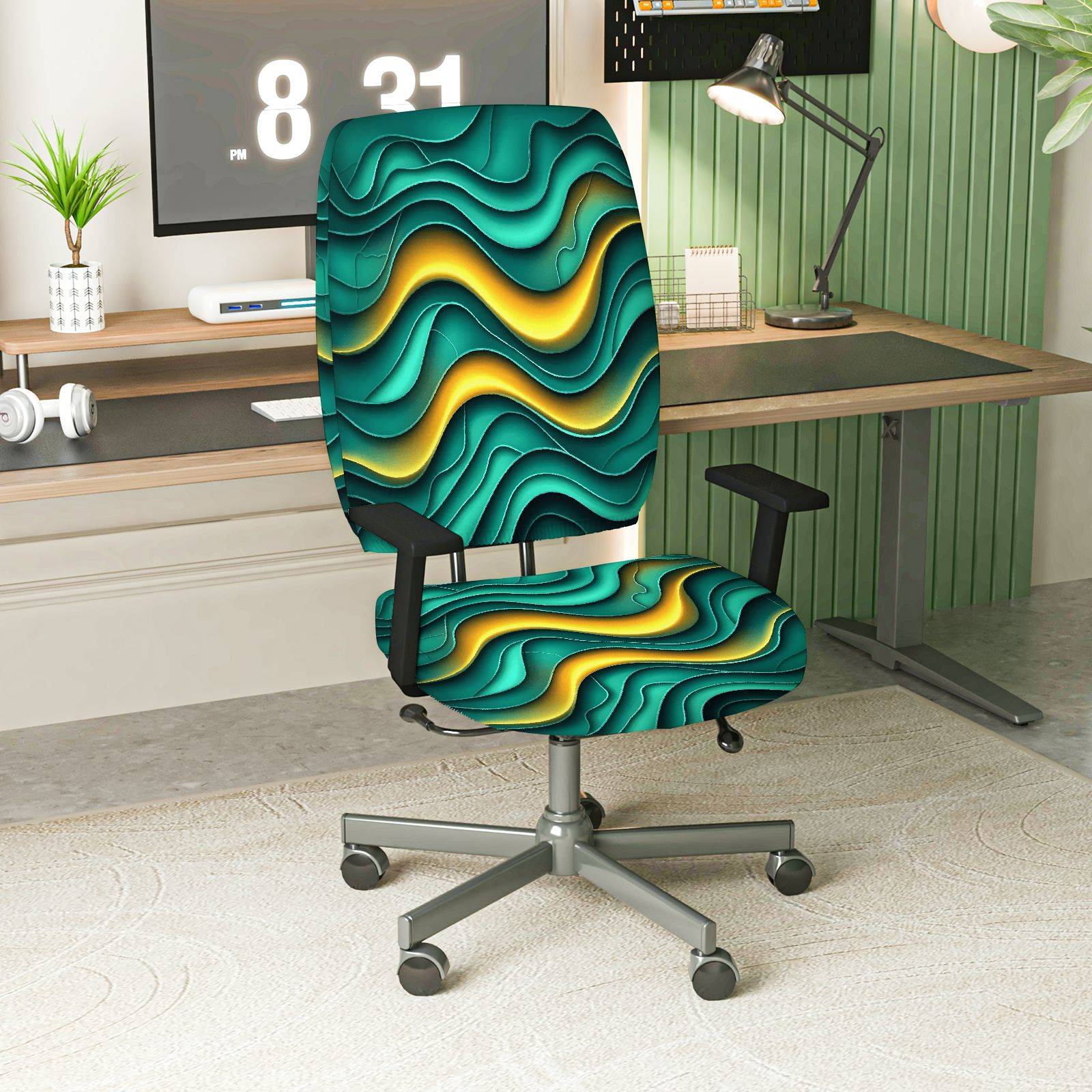 2-Piece Wave Abstract Art Geometric Colorful  Computer Chair Cover Set, Seat and Backrest