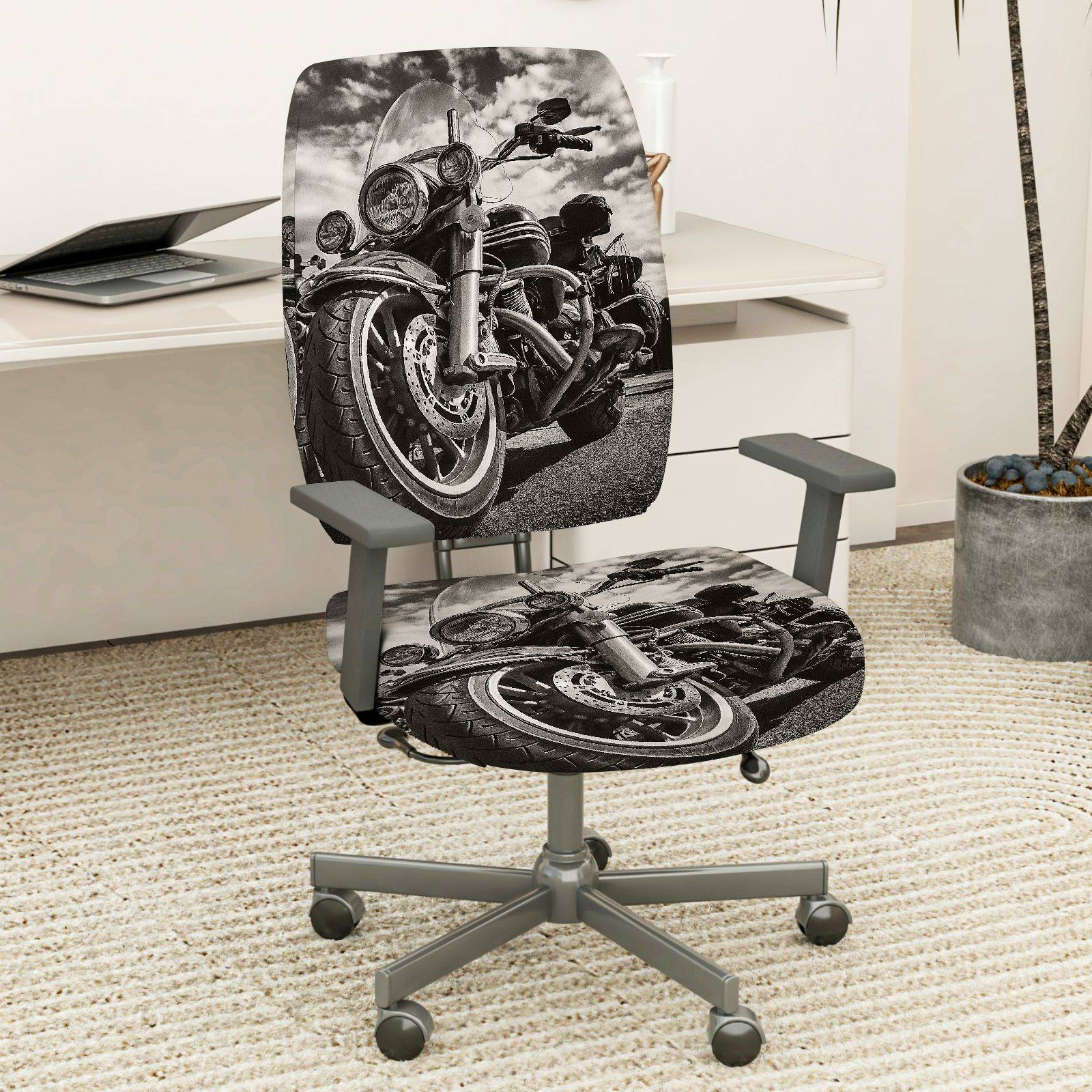 2-Piece Motorcycle Vintage Black and White Artistic Pattern  Computer Chair Cover Set, Seat and Backrest