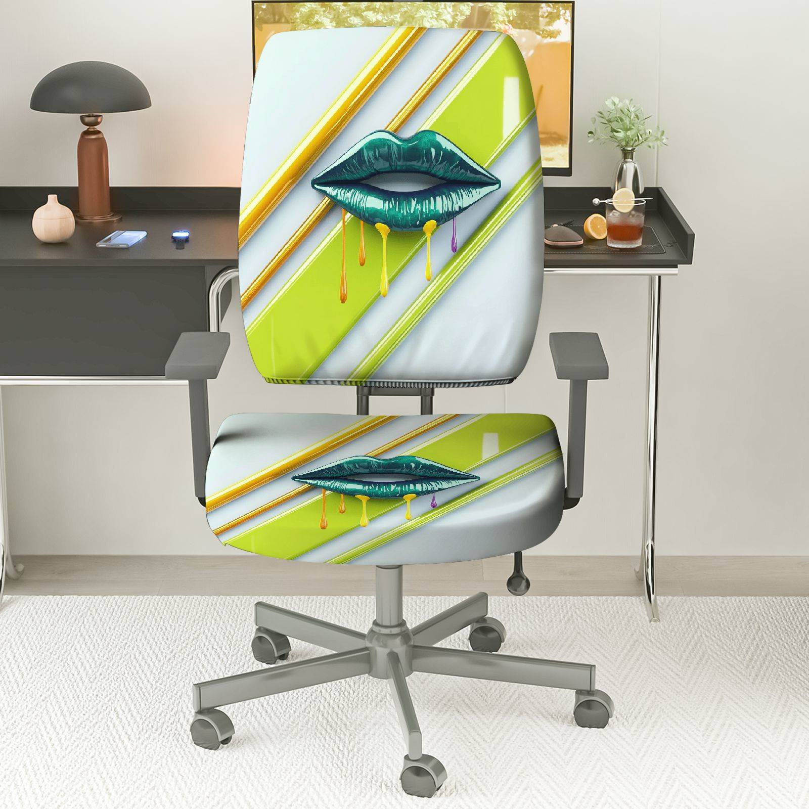 2-Piece Artistic Colorful Lips Stripes Green Yellow Print  Computer Chair Cover Set, Seat and Backrest