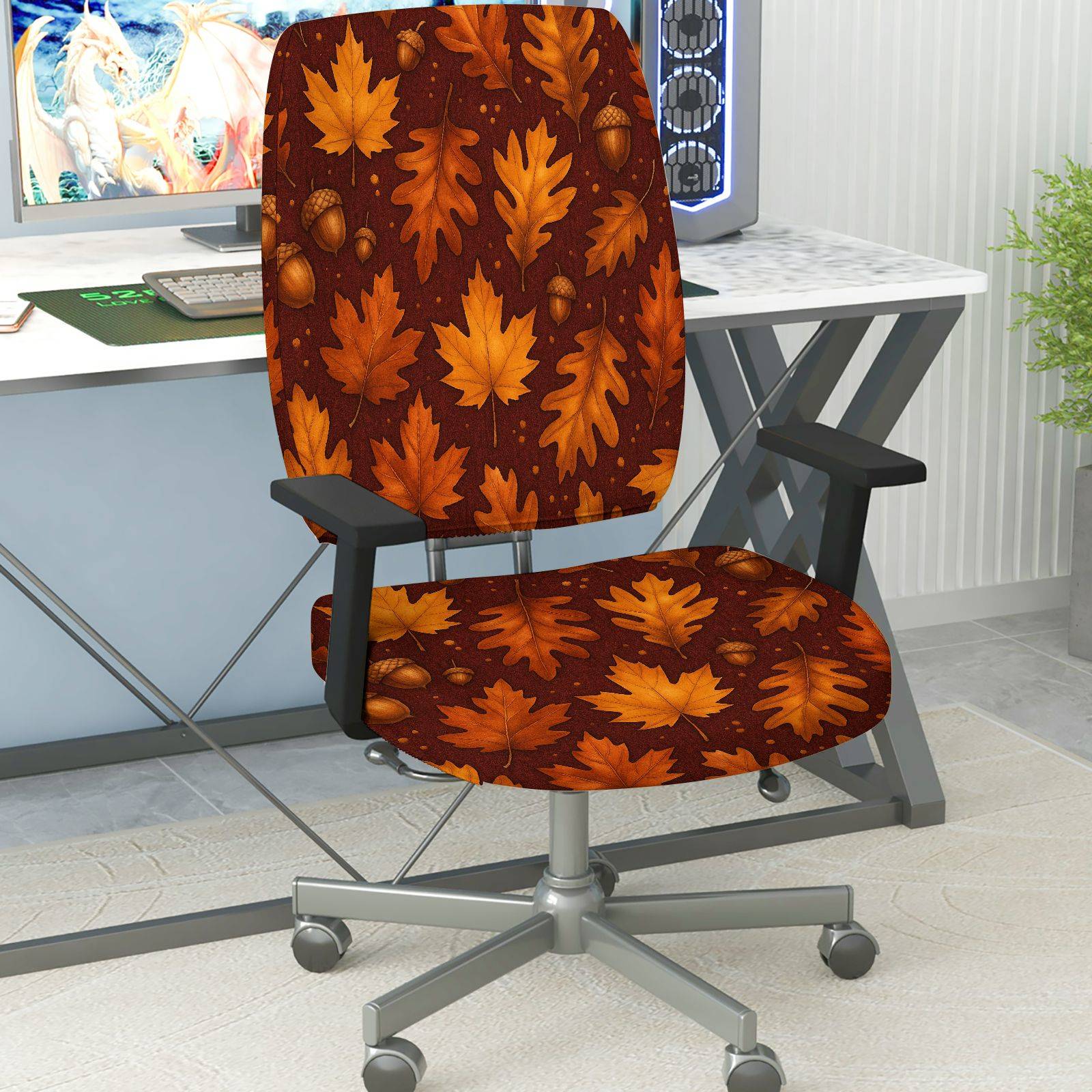 2-Piece Autumn Maple Leaf Acorn Pattern Decorative  Computer Chair Cover Set, Seat and Backrest