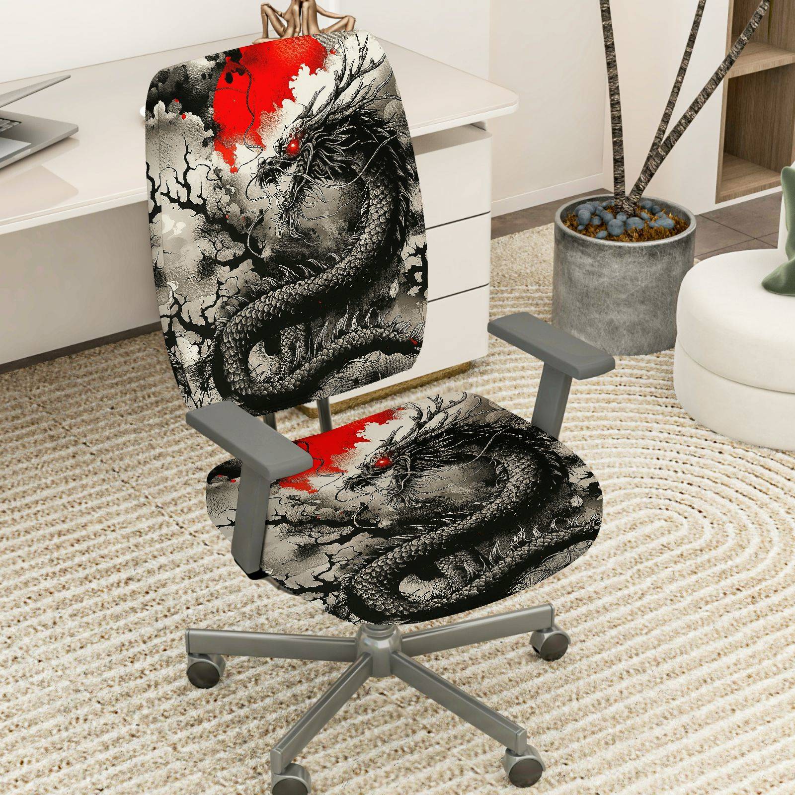 2-Piece Dragon Mythical Red Black Magic Art  Computer Chair Cover Set, Seat and Backrest