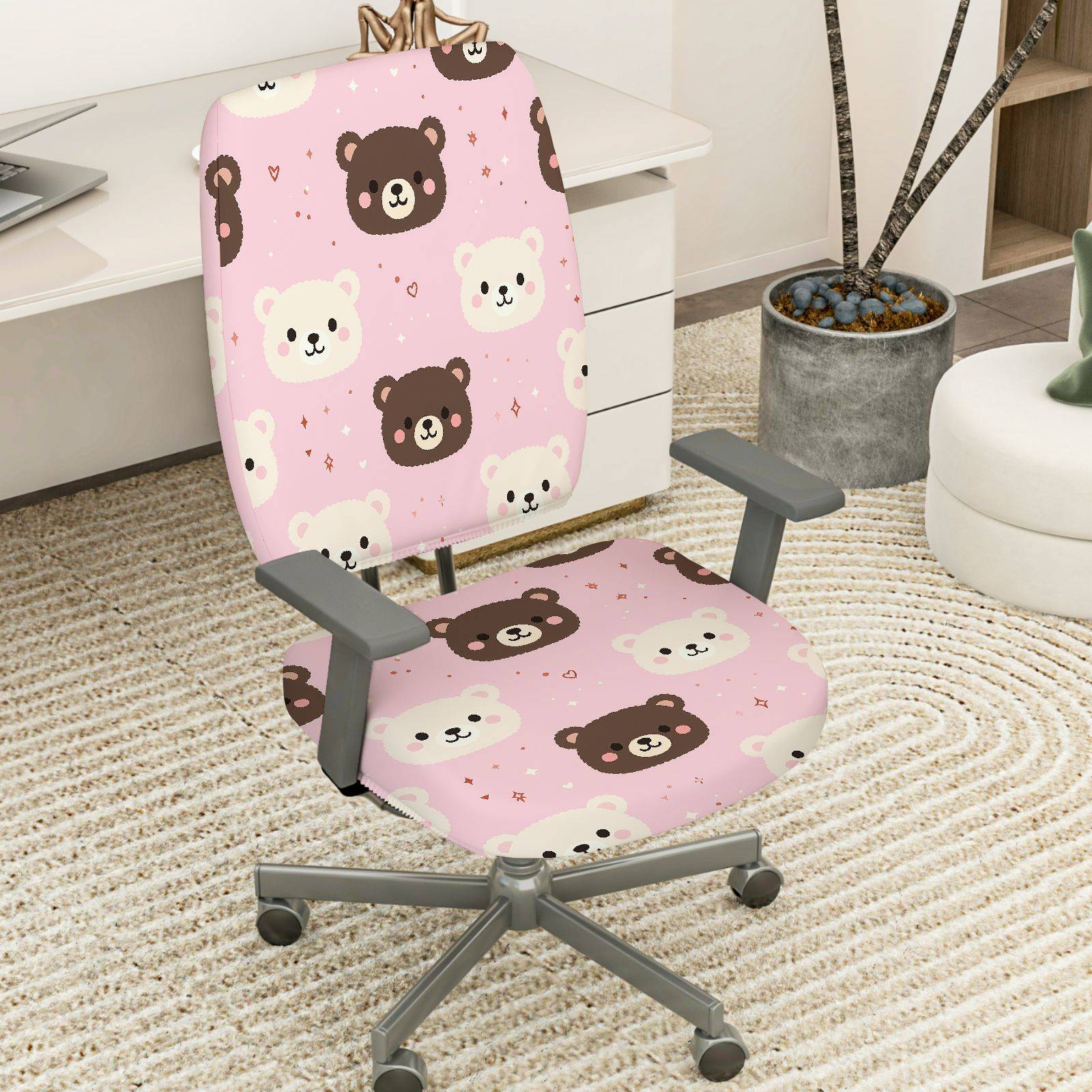2-Piece Cute Bear Pink Fun Sweet Home  Computer Chair Cover Set, Seat and Backrest