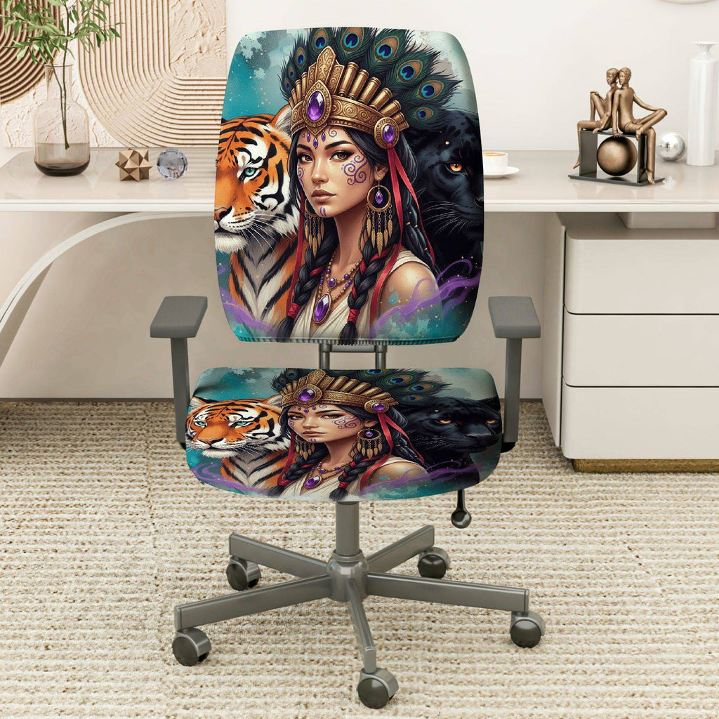 2-Piece Animal Art Tribal Peacock Panther Tiger  Computer Chair Cover Set, Seat and Backrest