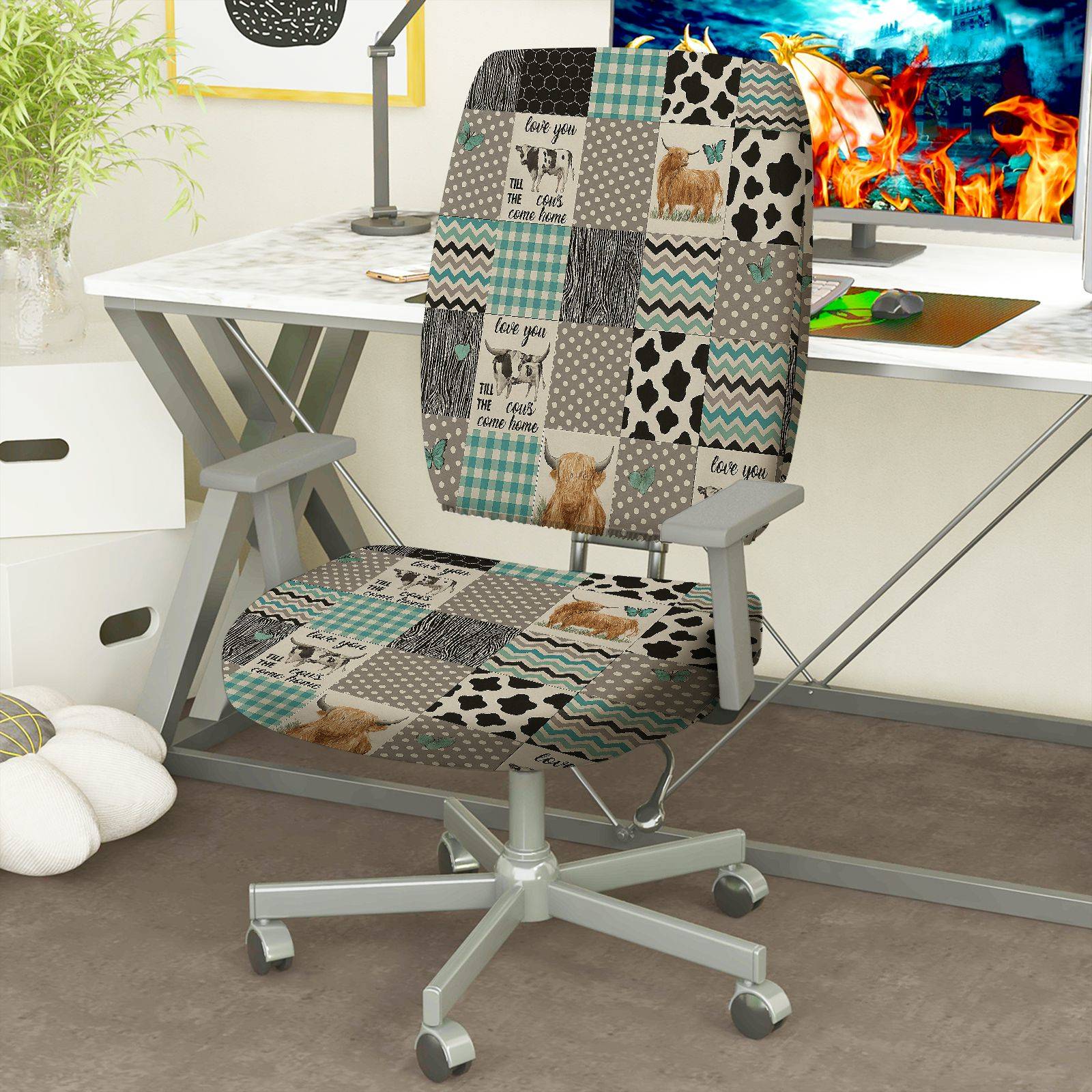 2-Piece Animal Farm Checkered Patchwork  Computer Chair Cover Set, Seat and Backrest