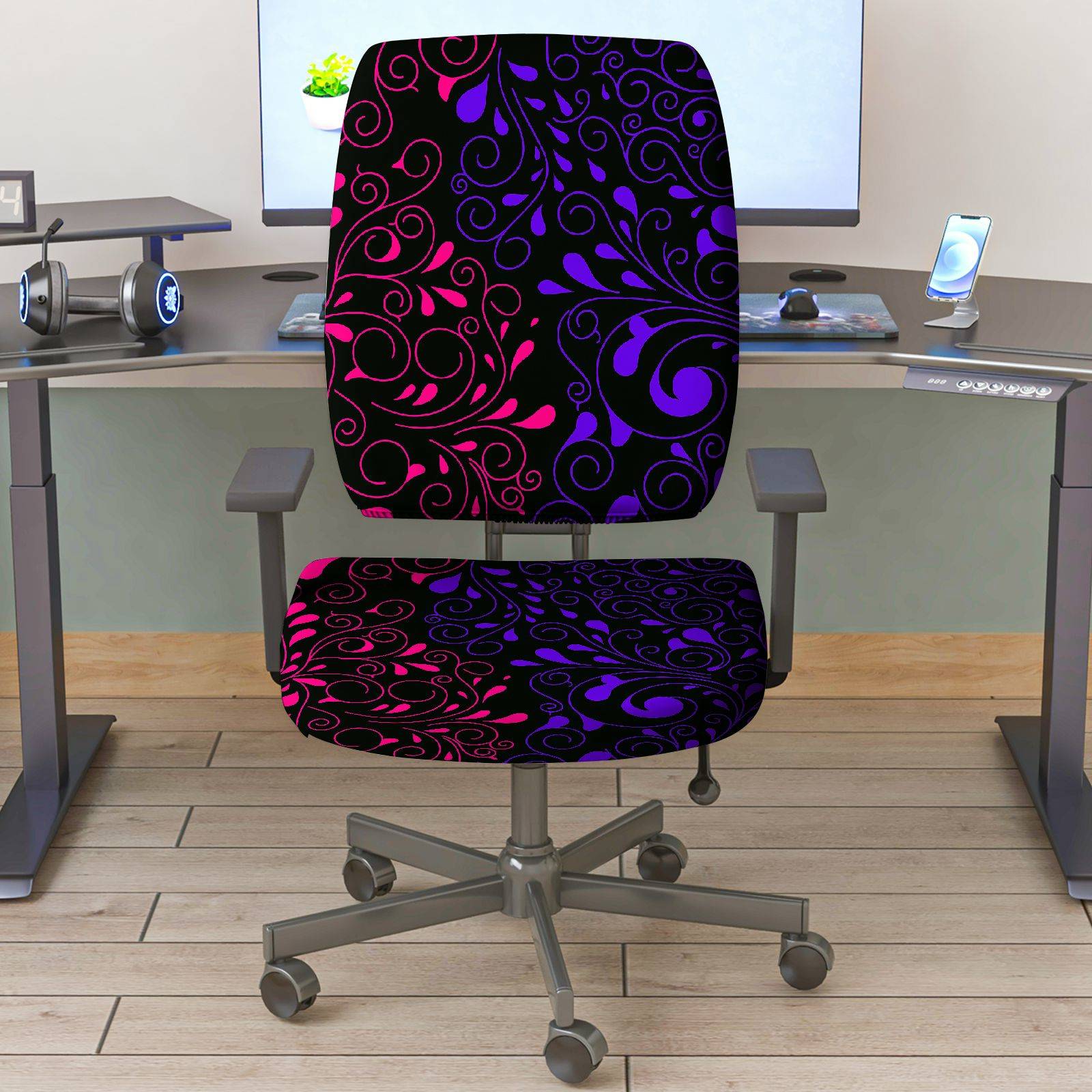 2-Piece Abstract Floral Swirl Pattern Black Purple Pink  Computer Chair Cover Set, Seat and Backrest