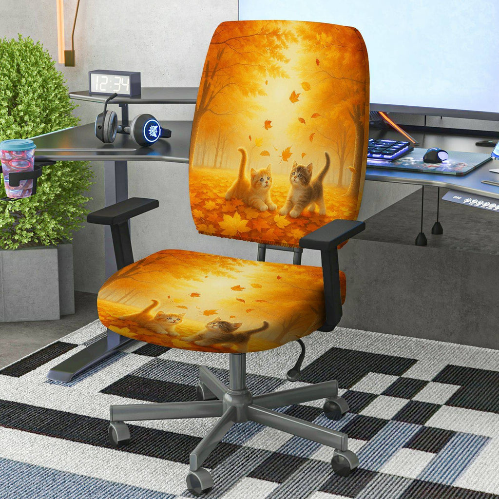 2-Piece Autumn Leaves Cat Forest Nature Fall  Computer Chair Cover Set, Seat and Backrest