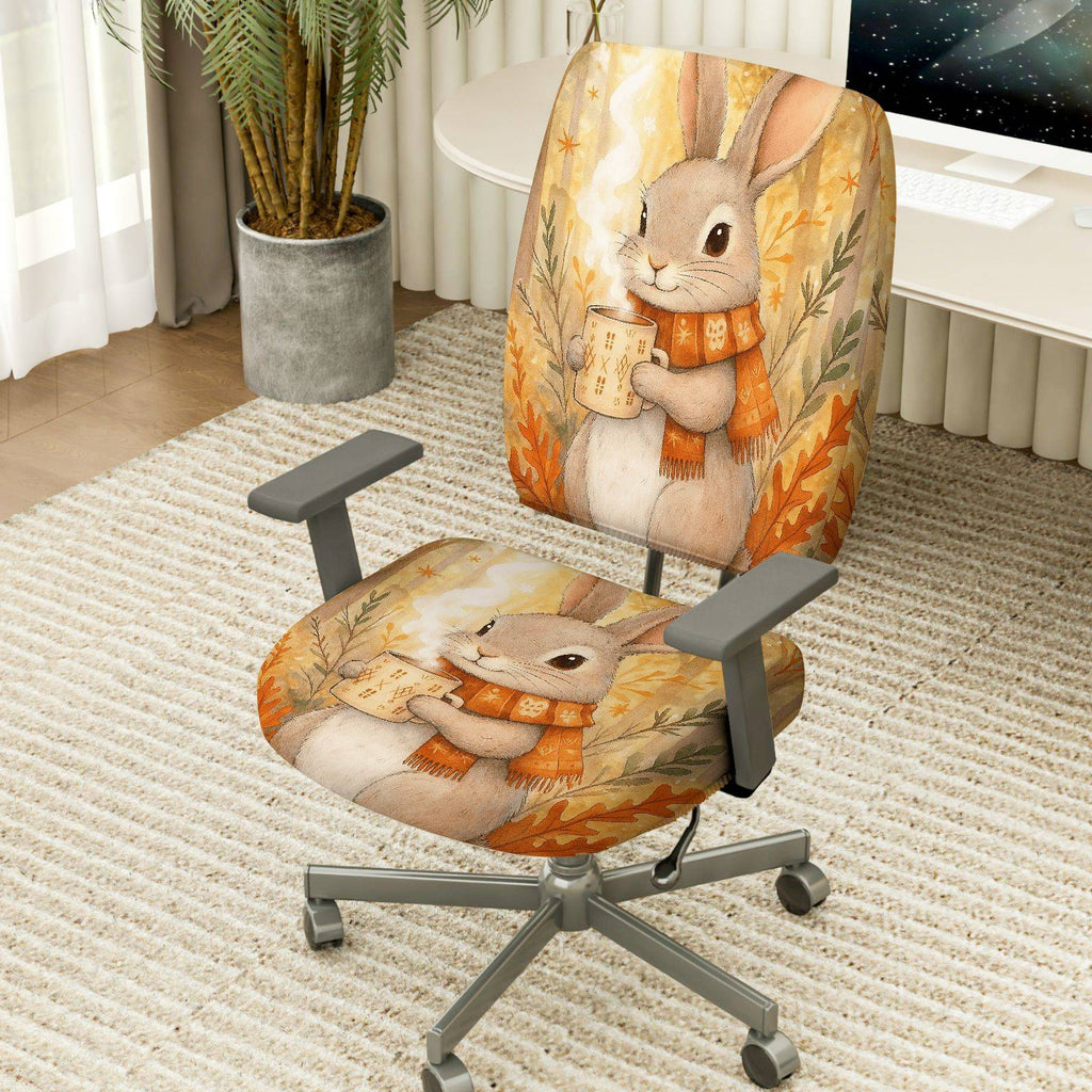 2-Piece Autumn Animal Cute Bunny Warm Coffee  Computer Chair Cover Set, Seat and Backrest