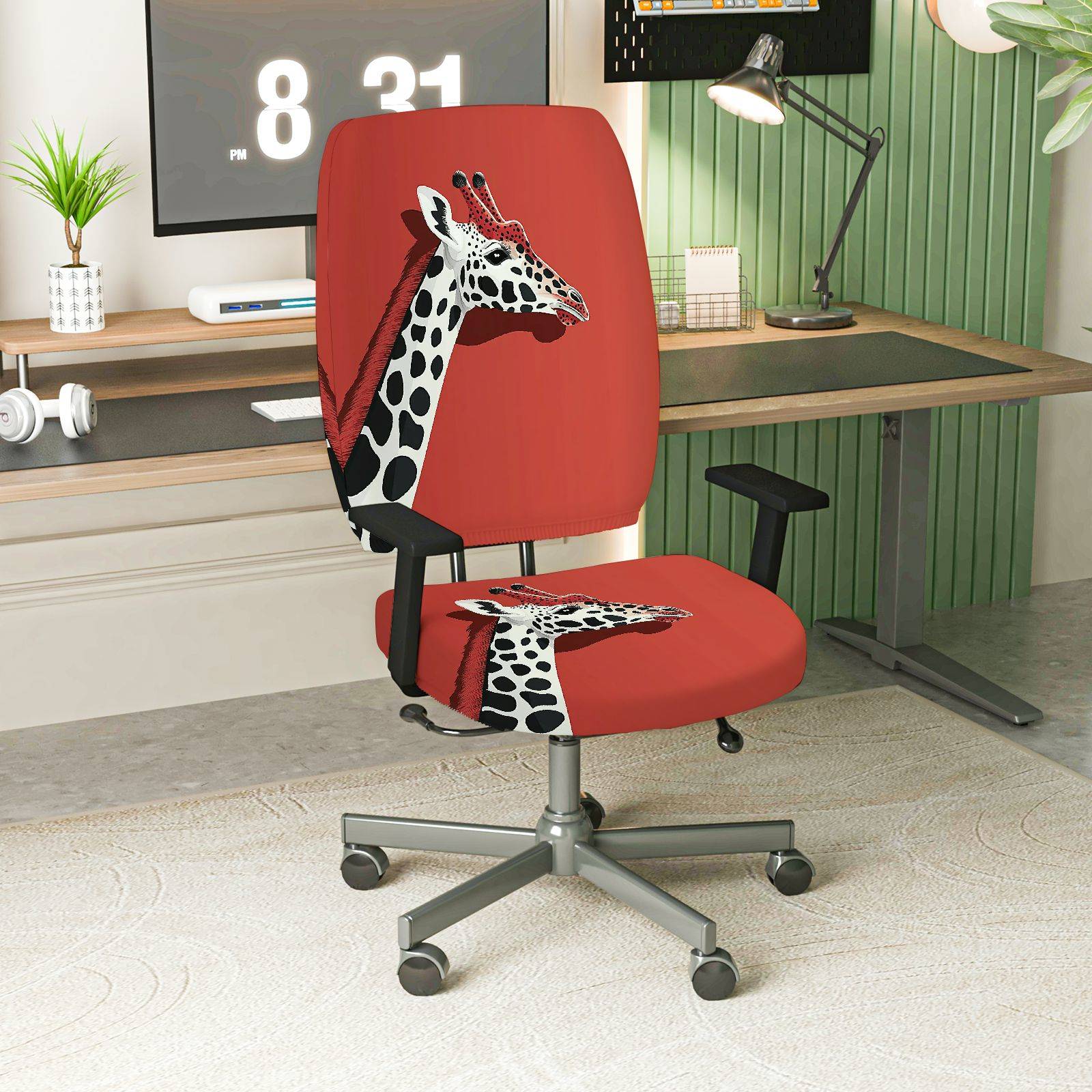 2-Piece Animal Giraffe Red Stylish Fun Home  Computer Chair Cover Set, Seat and Backrest