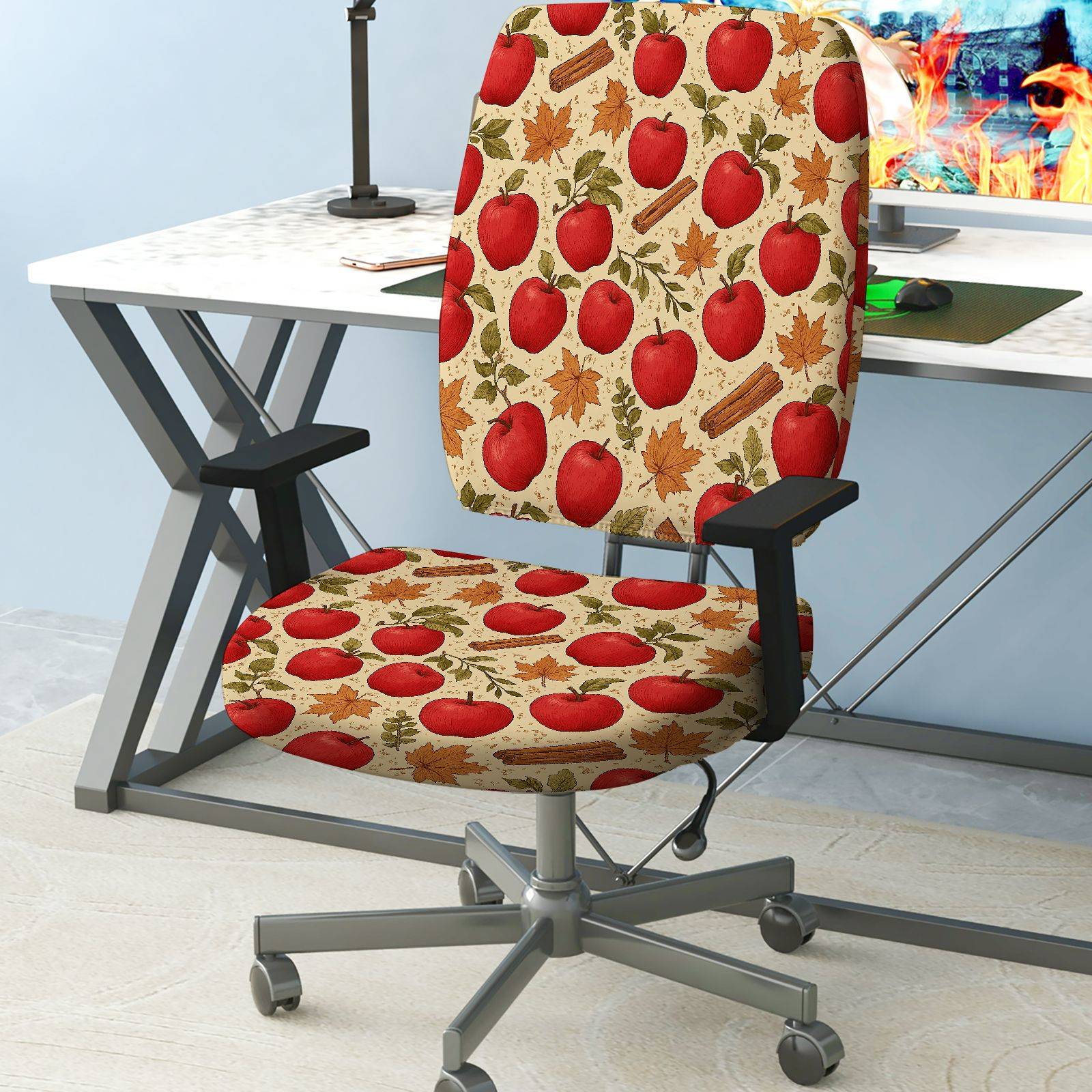2-Piece Apple Pattern Autumn Leaves Cinnamon  Computer Chair Cover Set, Seat and Backrest