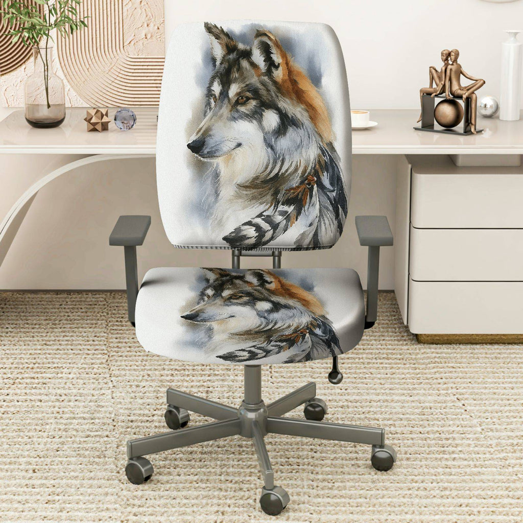2-Piece Wolf Animal Feather Art Nature Tribal  Computer Chair Cover Set, Seat and Backrest