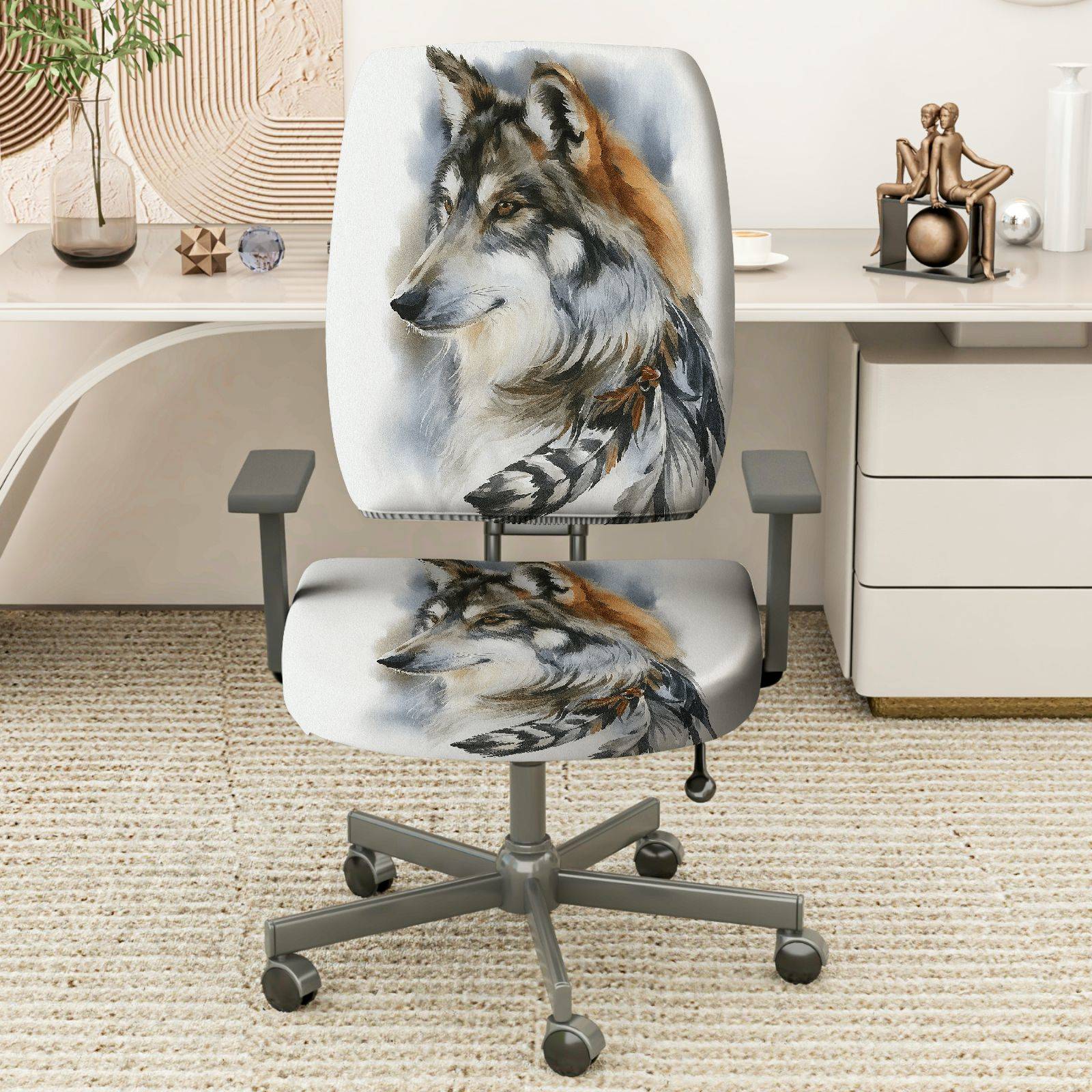 2-Piece Wolf Animal Feather Art Nature Tribal  Computer Chair Cover Set, Seat and Backrest