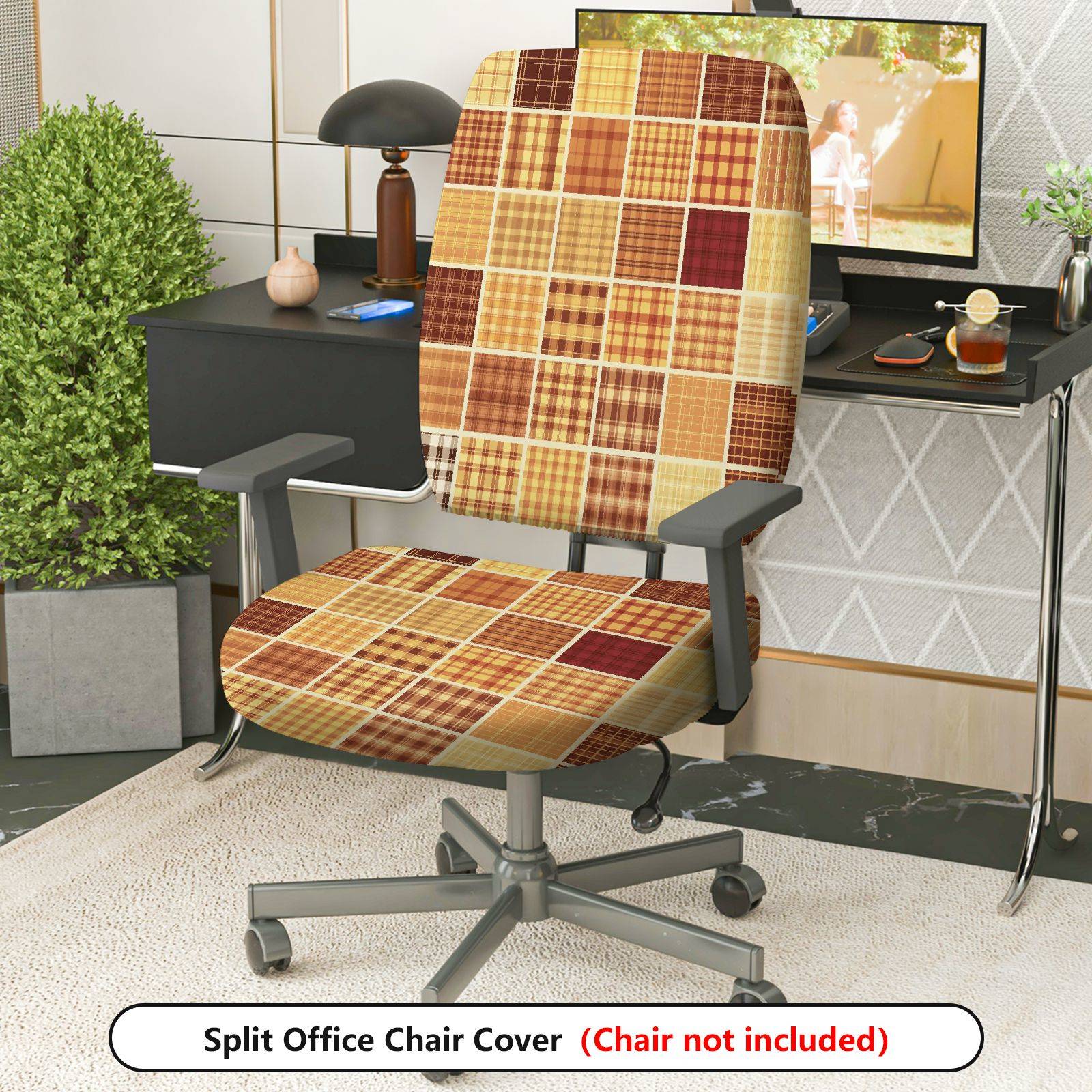 2-Piece Plaid Patchwork Geometric Vintage Brown  Computer Chair Cover Set, Seat and Backrest