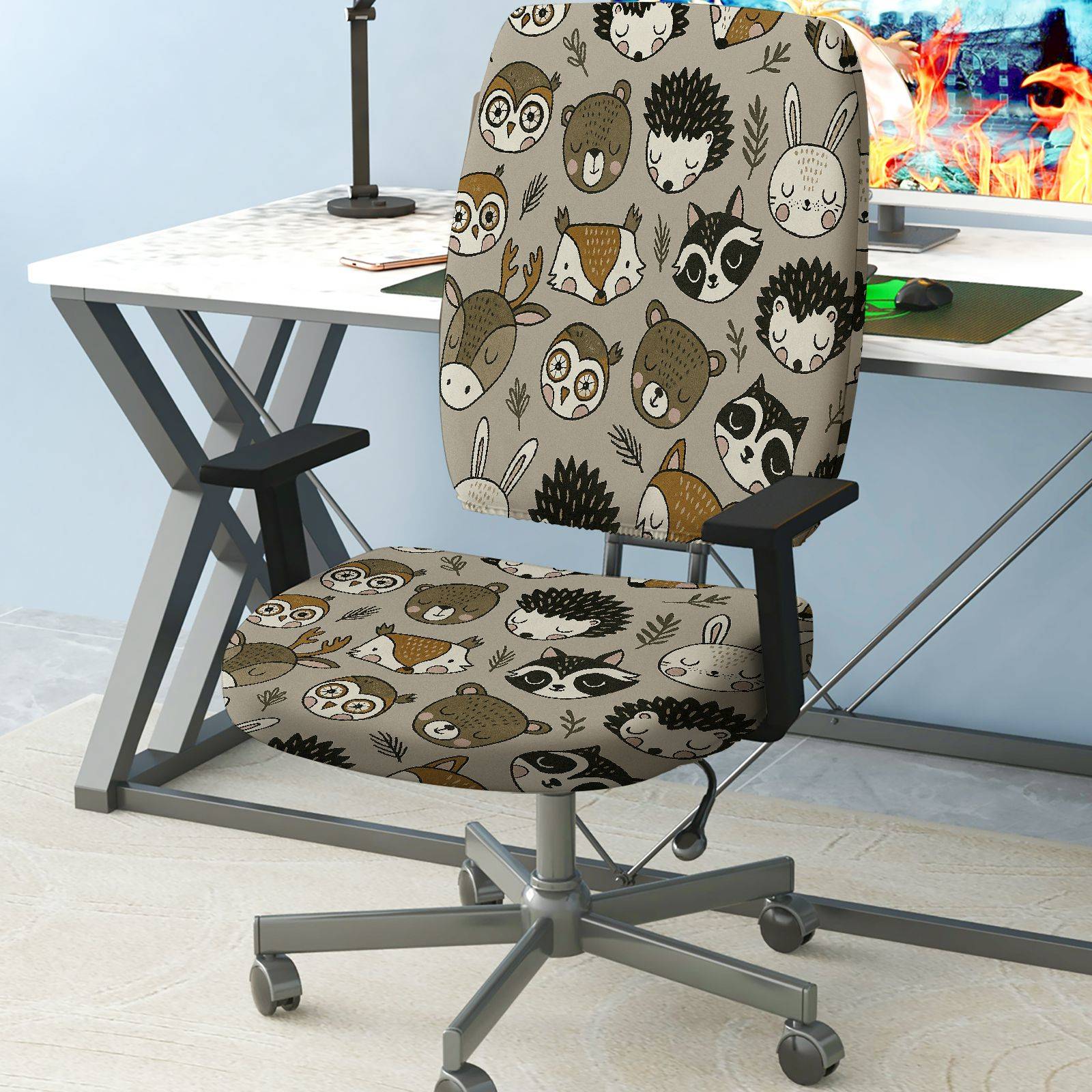 2-Piece Animal Woodland Forest Fun  Computer Chair Cover Set, Seat and Backrest