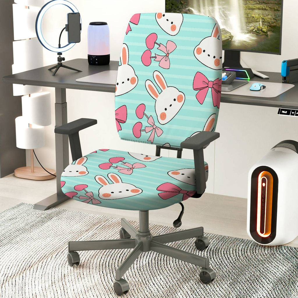 2-Piece Adorable Rabbit Pink Bow Heart Striped  Computer Chair Cover Set, Seat and Backrest