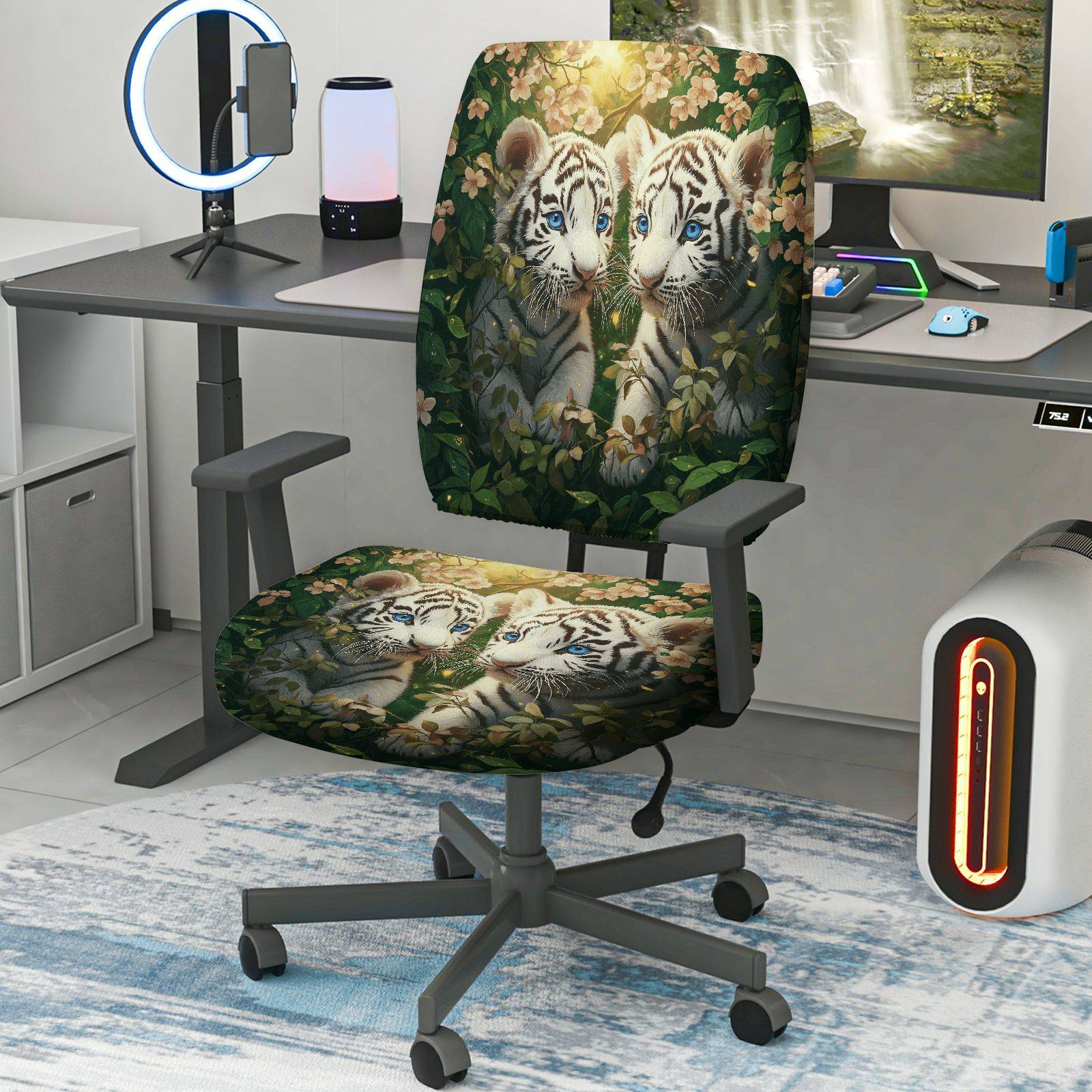 2-Piece Cute Animal Floral Nature Art Tiger  Computer Chair Cover Set, Seat and Backrest