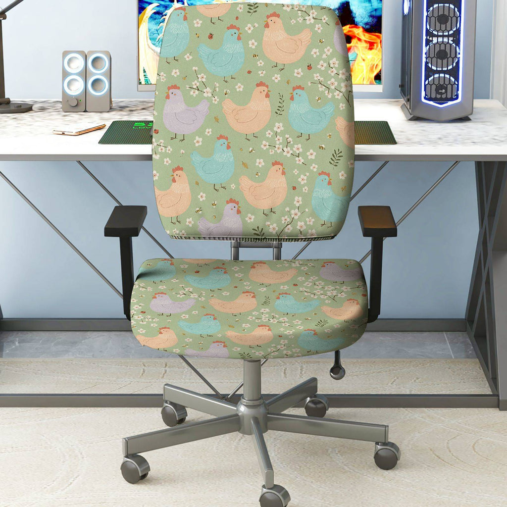 2-Piece Animal Farm Chicken Green Floral  Computer Chair Cover Set, Seat and Backrest