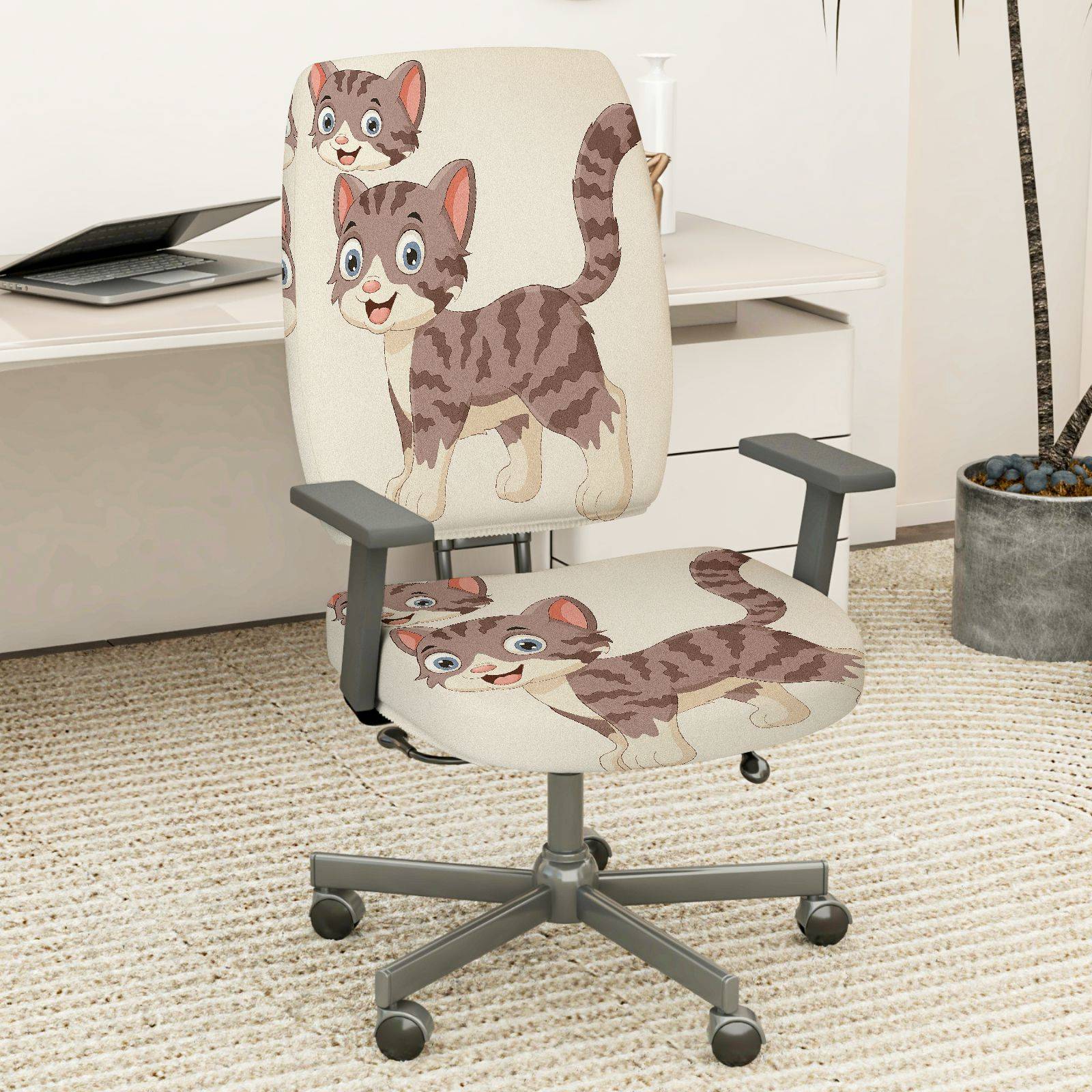2-Piece Cute Cat Pattern Animal  Computer Chair Cover Set, Seat and Backrest