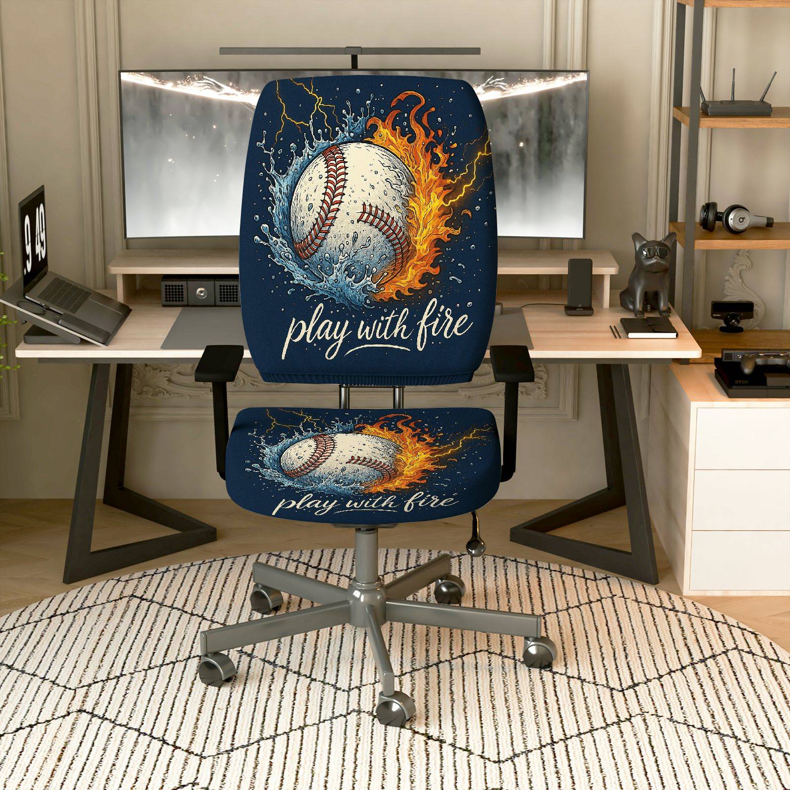 2-Piece Baseball Fire Water Play with Fire Inspirational  Computer Chair Cover Set, Seat and Backrest