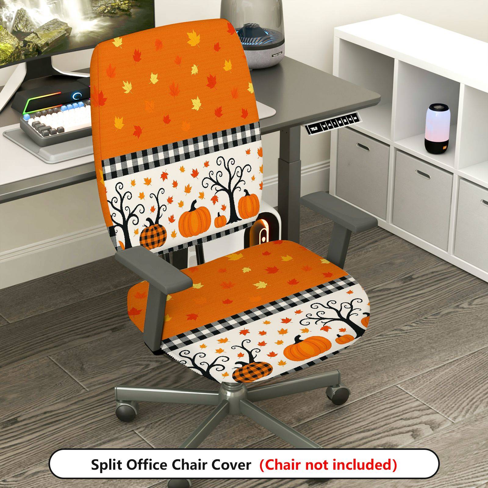 2-Piece Autumn Halloween Pumpkin Leaf Checkered  Computer Chair Cover Set, Seat and Backrest