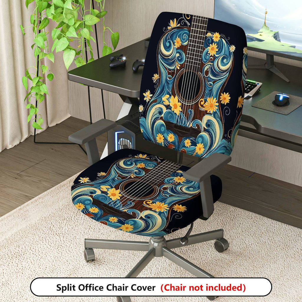 2-Piece Artistic Floral Guitar Blue  Computer Chair Cover Set, Seat and Backrest