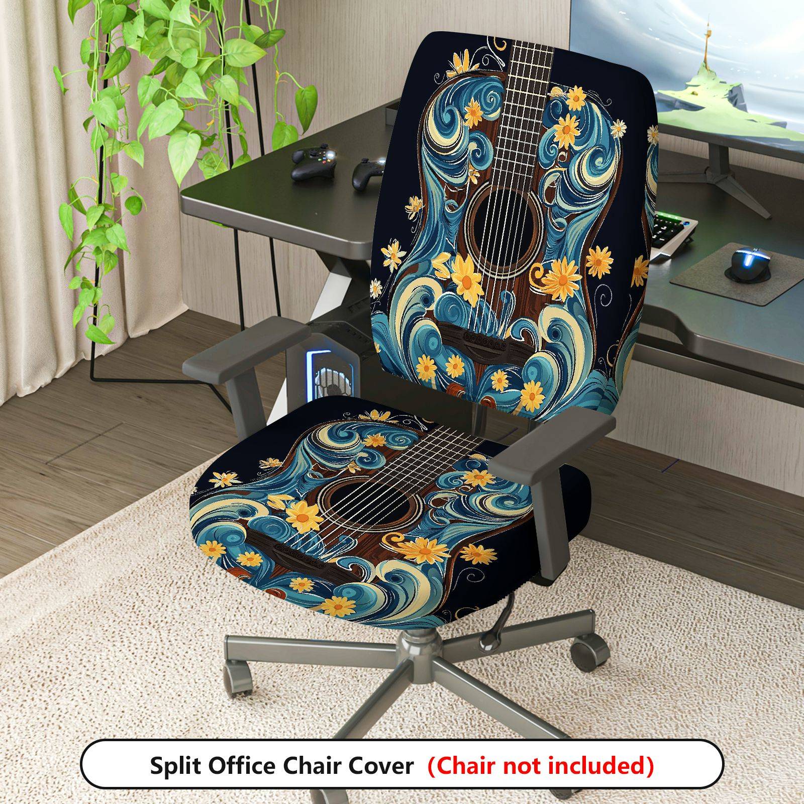 2-Piece Artistic Floral Guitar Blue  Computer Chair Cover Set, Seat and Backrest