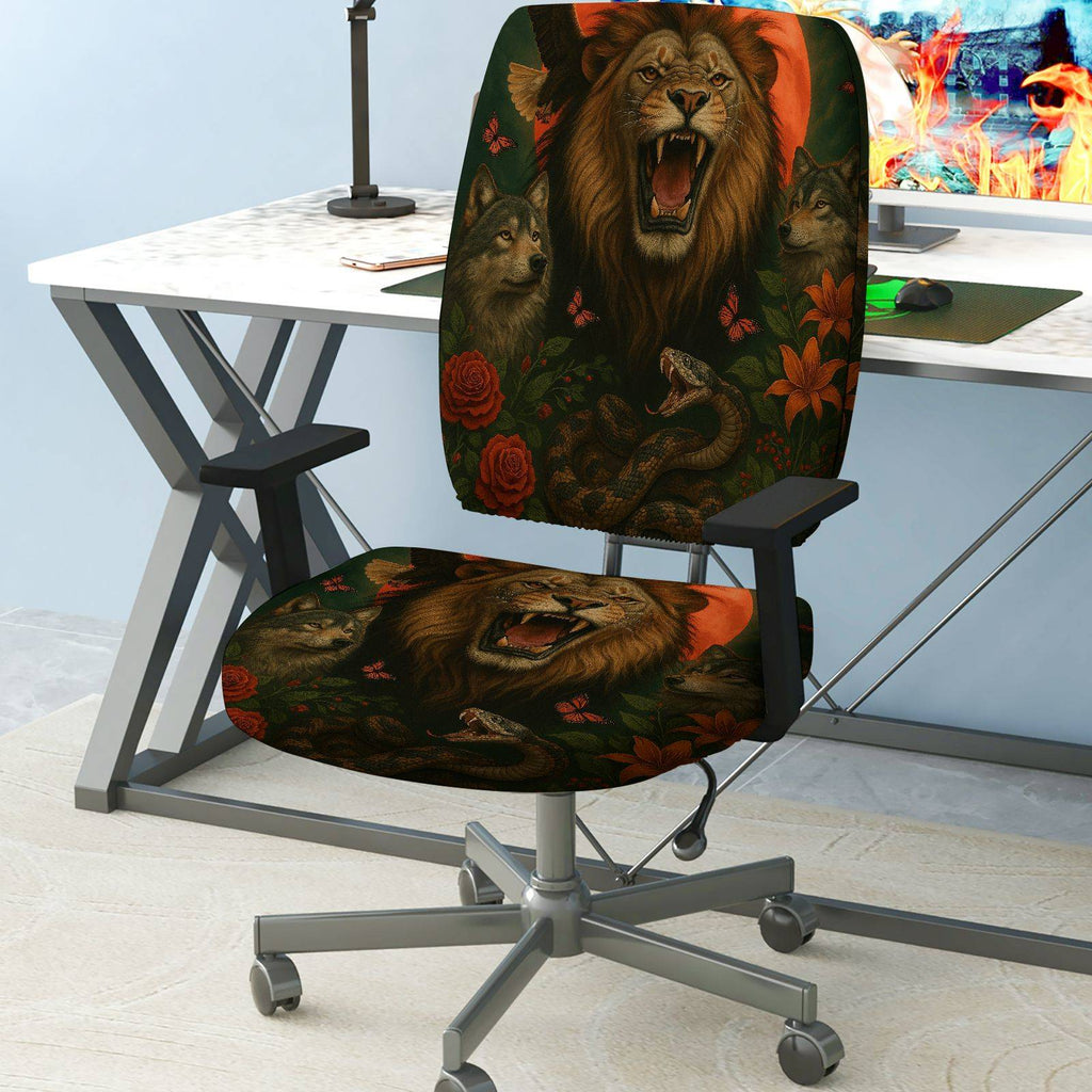 2-Piece Animal Lion Wolf Snake Butterfly Rose  Computer Chair Cover Set, Seat and Backrest