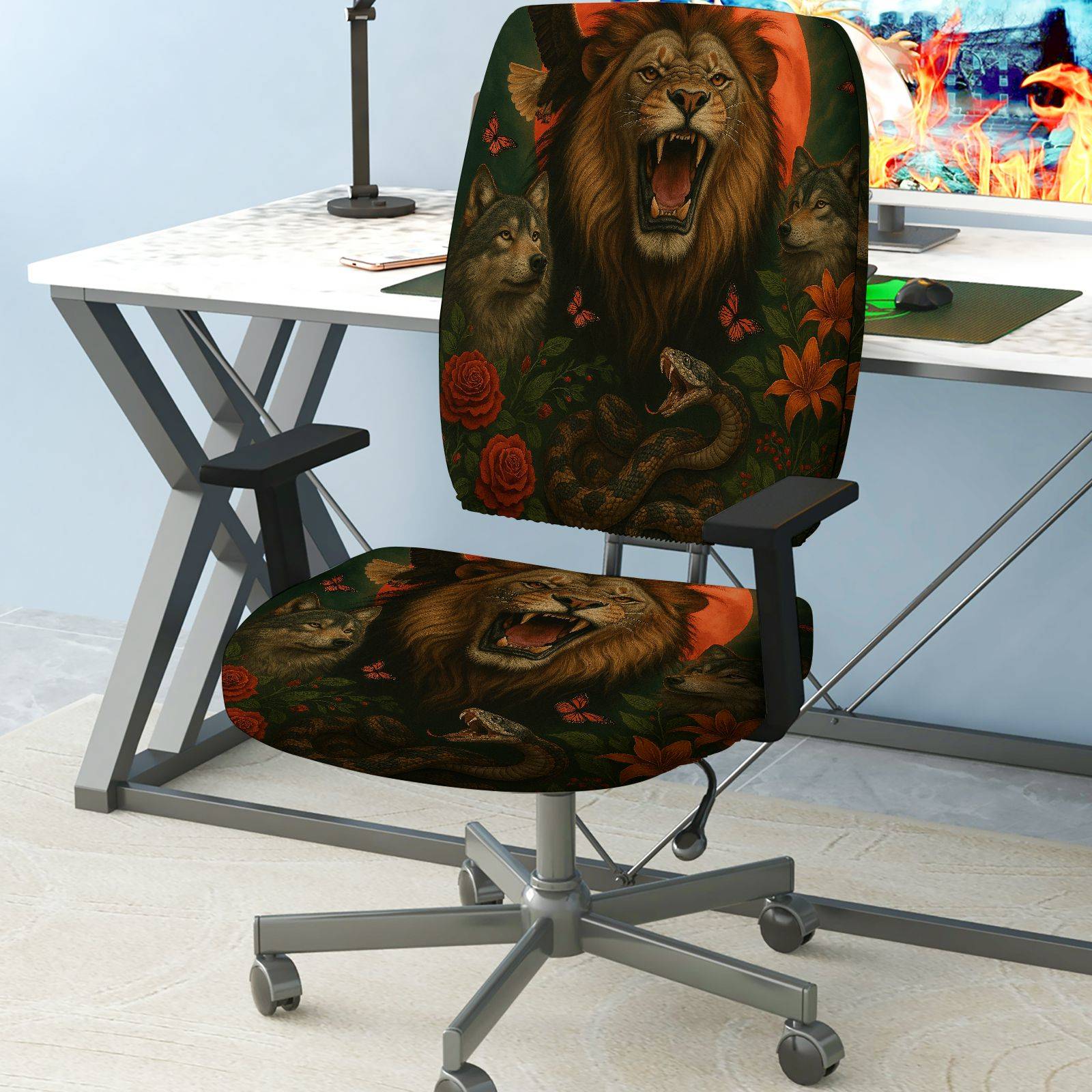 2-Piece Animal Lion Wolf Snake Butterfly Rose  Computer Chair Cover Set, Seat and Backrest