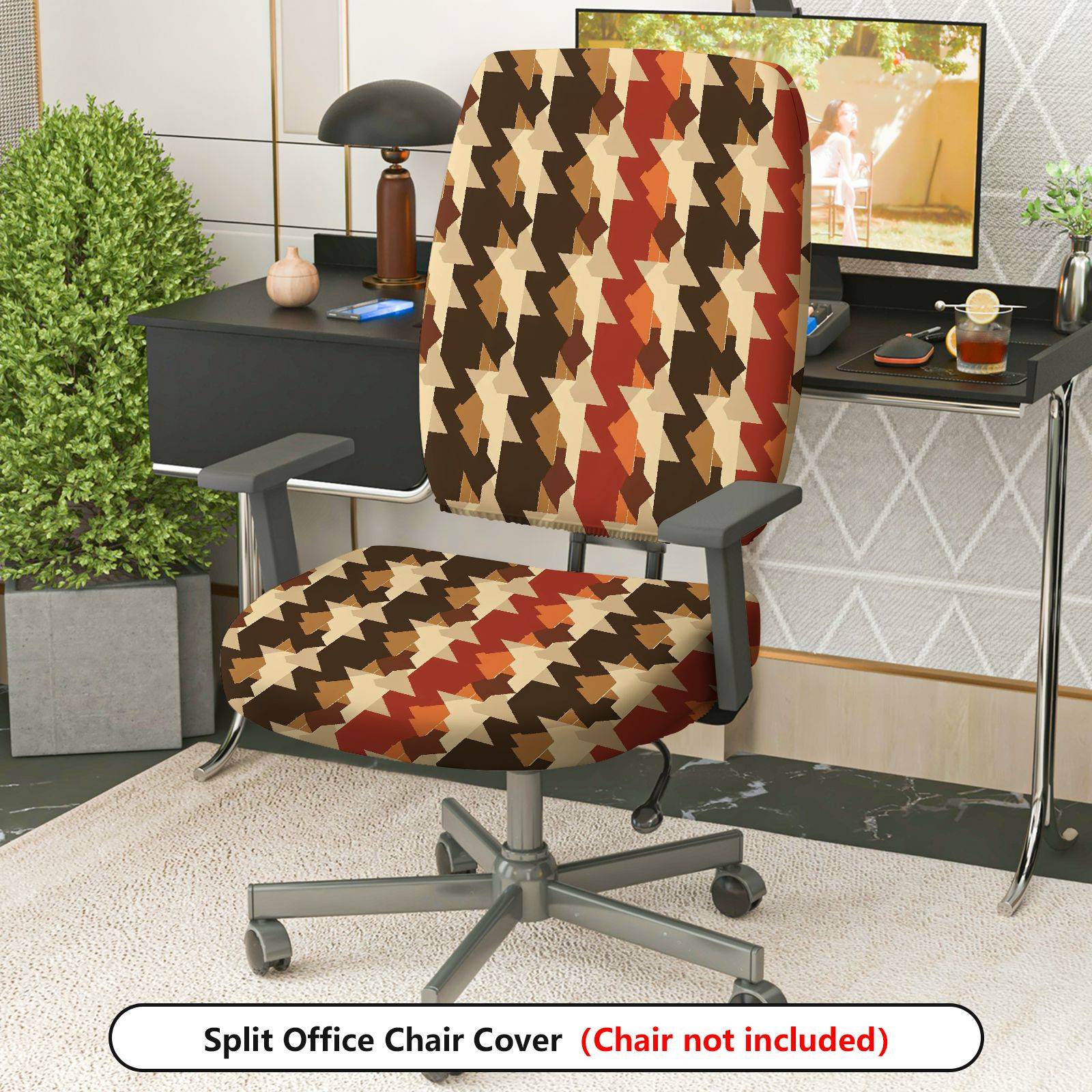 2-Piece Geometric Abstract Brown Orange Pattern  Computer Chair Cover Set, Seat and Backrest