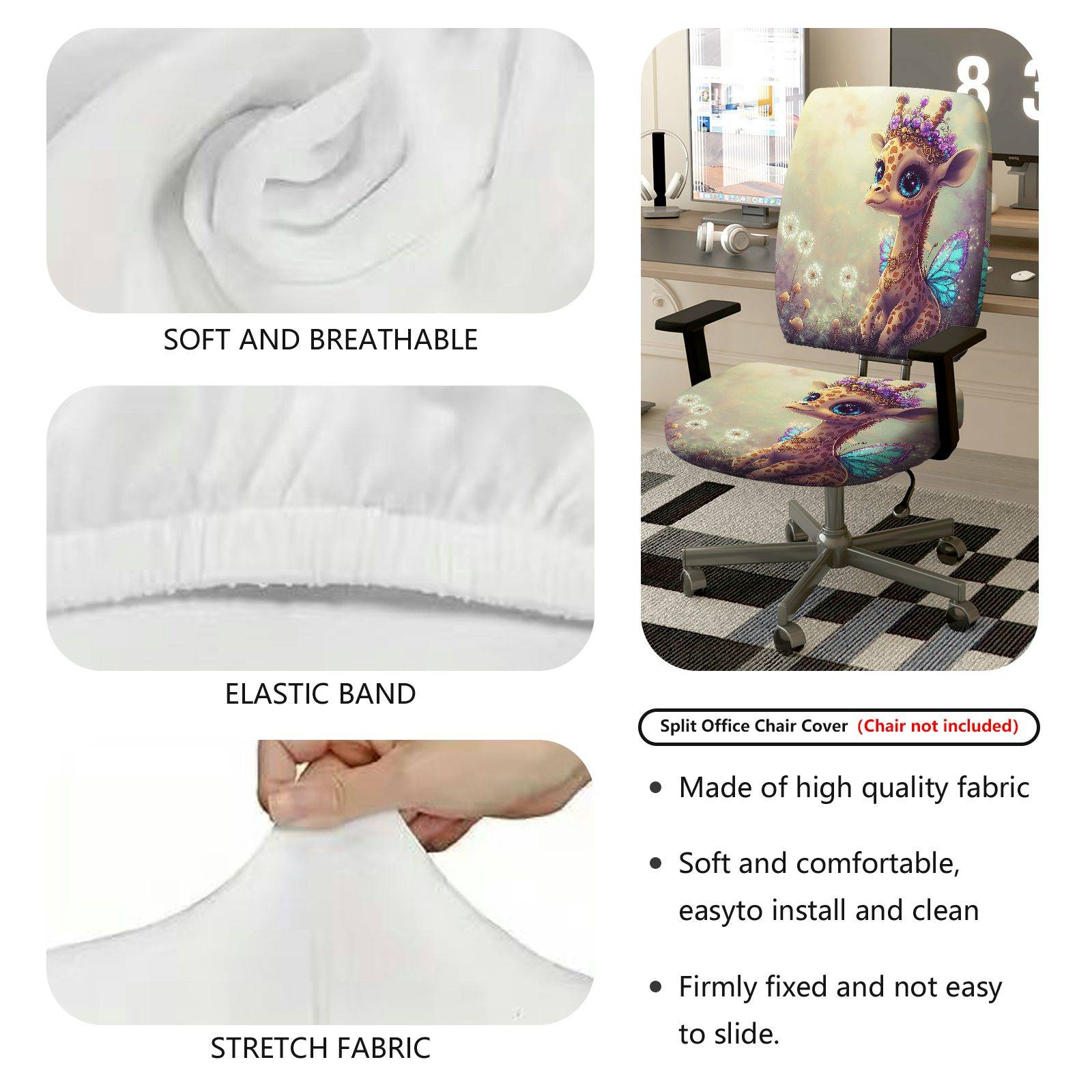 2-Piece Adorable Giraffe Fairy Crown Dandelion Purple  Computer Chair Cover Set, Seat and Backrest