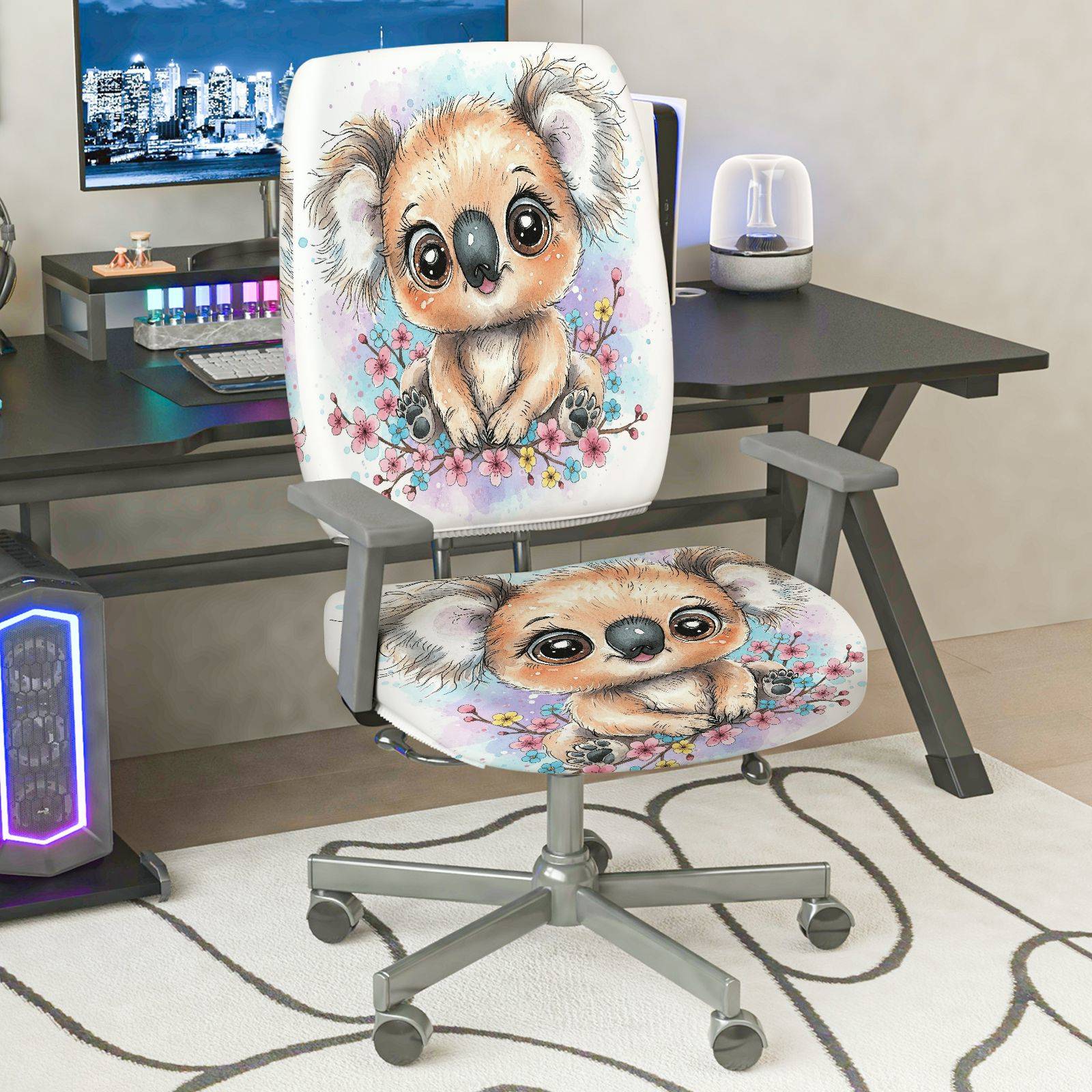 2-Piece Cute Koala Floral Animal  Computer Chair Cover Set, Seat and Backrest
