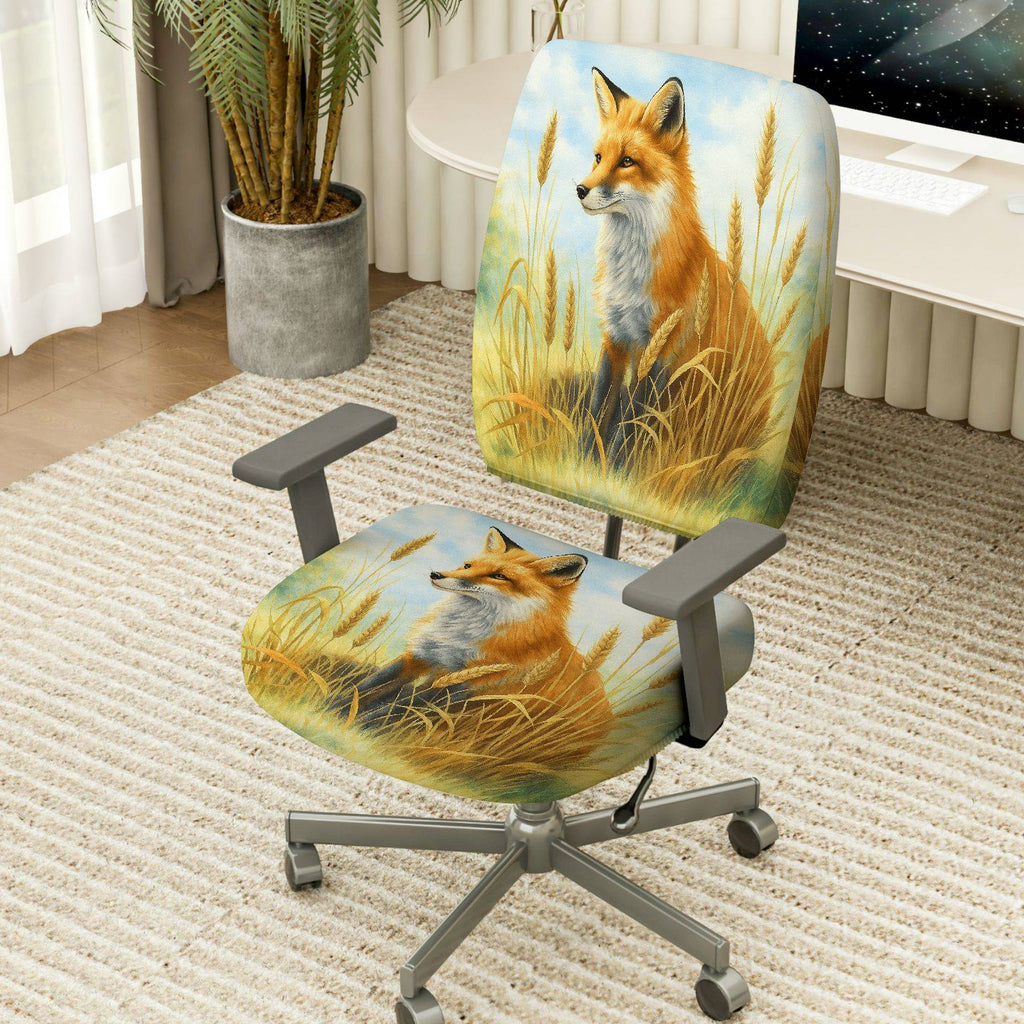 2-Piece Animal Nature Landscape Fox Grass  Computer Chair Cover Set, Seat and Backrest